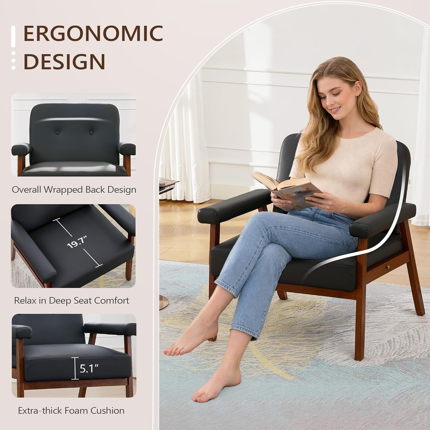 JIASTING Accent Chairs Set of 2, Black Leather Chairs with Solid Wood Frame, Tufted Small Mid-Century Modern Wooden Arm Chair, Comfy Office Reading Armchair for Living Room, Bedroom (2)