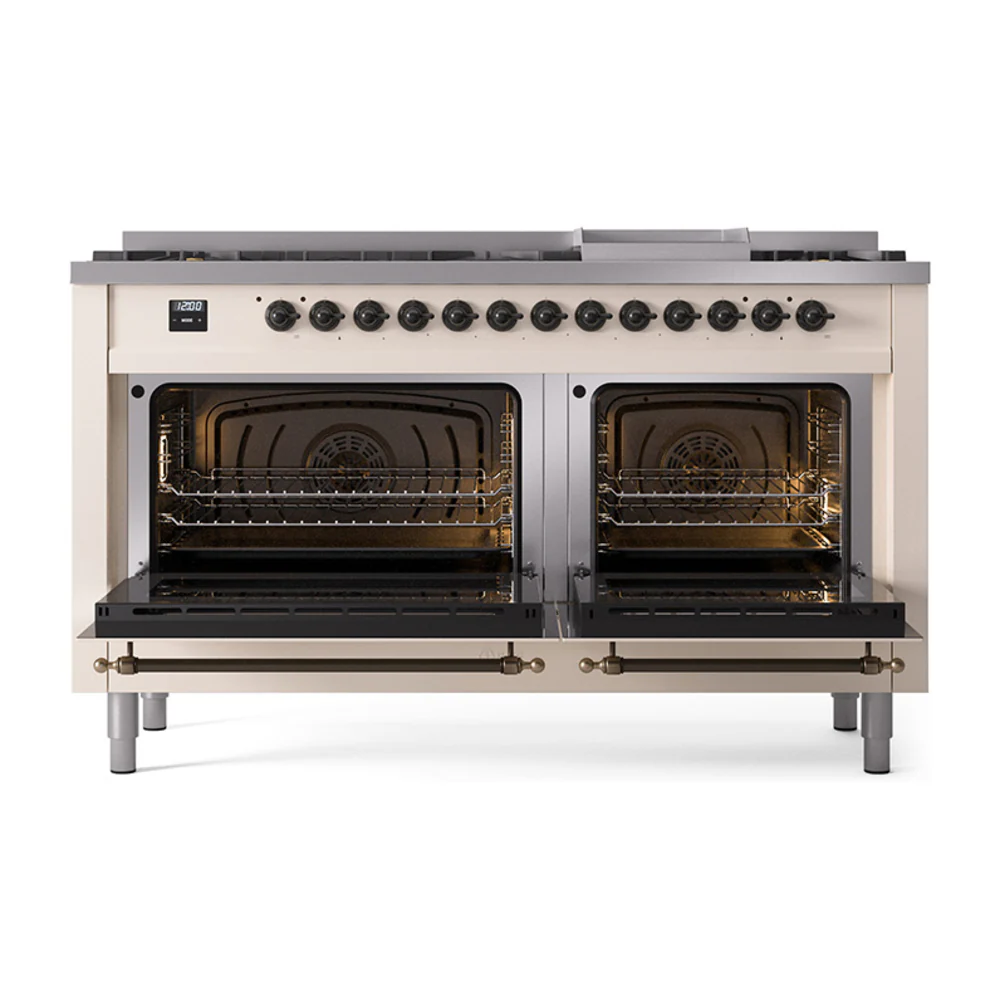 ILVE 60-Inch Nostalgie II Noblesse Dual Fuel Range with 9 Sealed Burners, Griddle, and Solid Door Oven in Antique White with Bronze Trim (UN60FQNMPAWB)