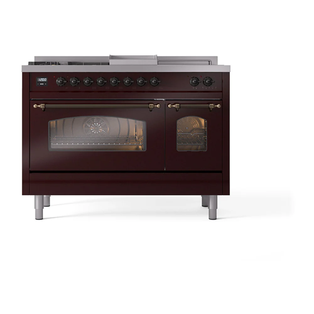 ILVE Nostalgie II 48-Inch Dual Fuel Range with 5 Burners, Griddle, & French Top with Triple Glass Door Oven in Burgundy with Bronze Trim (UP48FSNMPBUB)