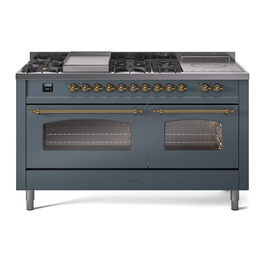 ILVE Nostalgie II 60-Inch Dual Fuel Range with 7 Burners, Griddle, & French Top with Triple Glass Door Oven in Blue Grey with Brass Trim (UP60FSNMPBGG)