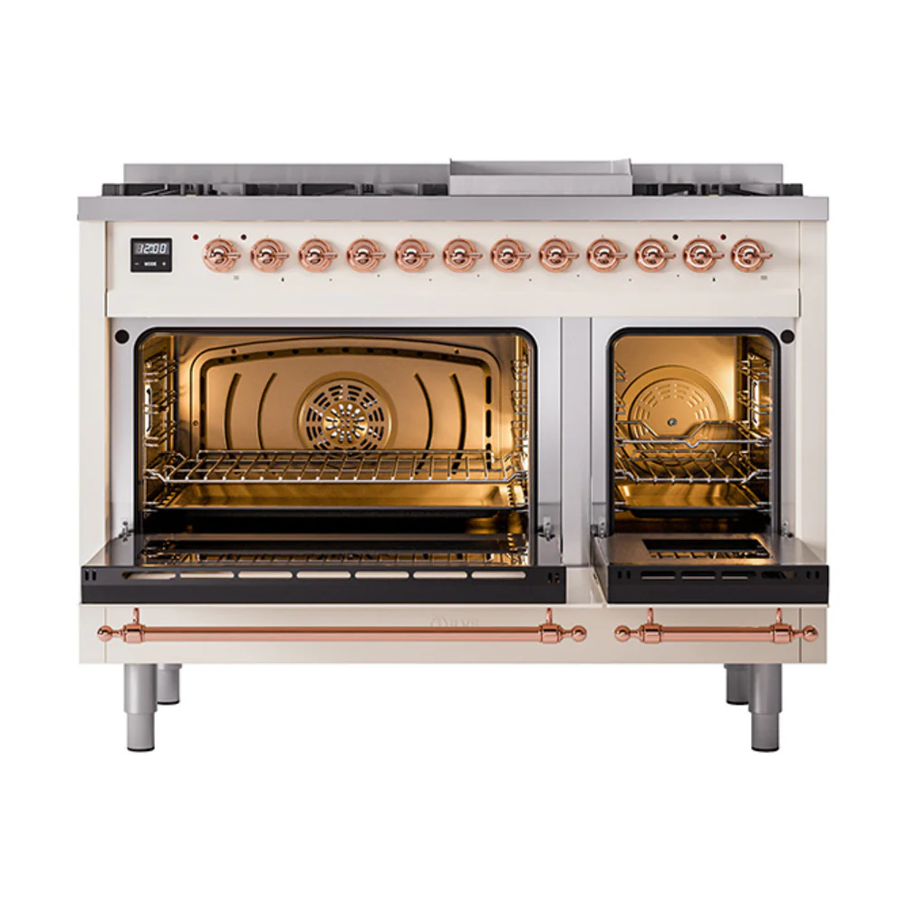 ILVE 48-Inch Nostalgie II Dual Fuel Range with 8 Burners, Griddle, and Solid Door Oven in Antique White with Copper Trim (UP48FQNMPAWP)