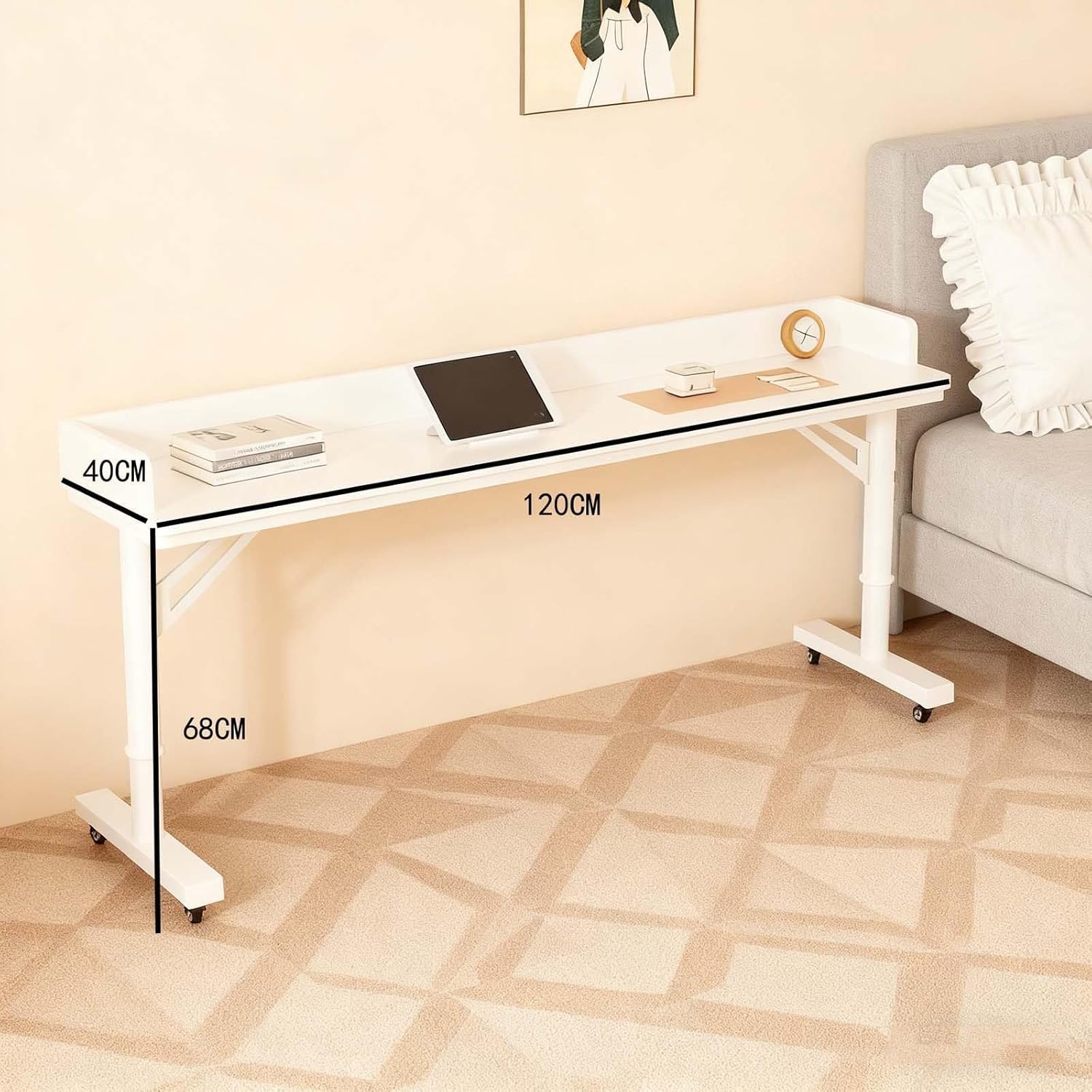 Over The Bed Table with Wheels - Adjustable Height Desk, Rolling Mobile Laptop Cart for Bedroom Work, King Size Beds(120 * 40 * 68cm)