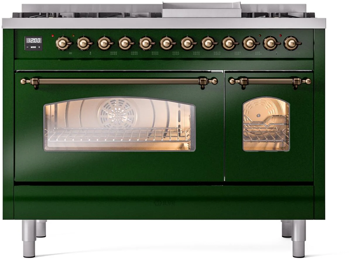 ILVE Nostalgie II 48-Inch Dual Fuel Freestanding Range in Emerald Green with Bronze Trim (UP48FNMPEGB)