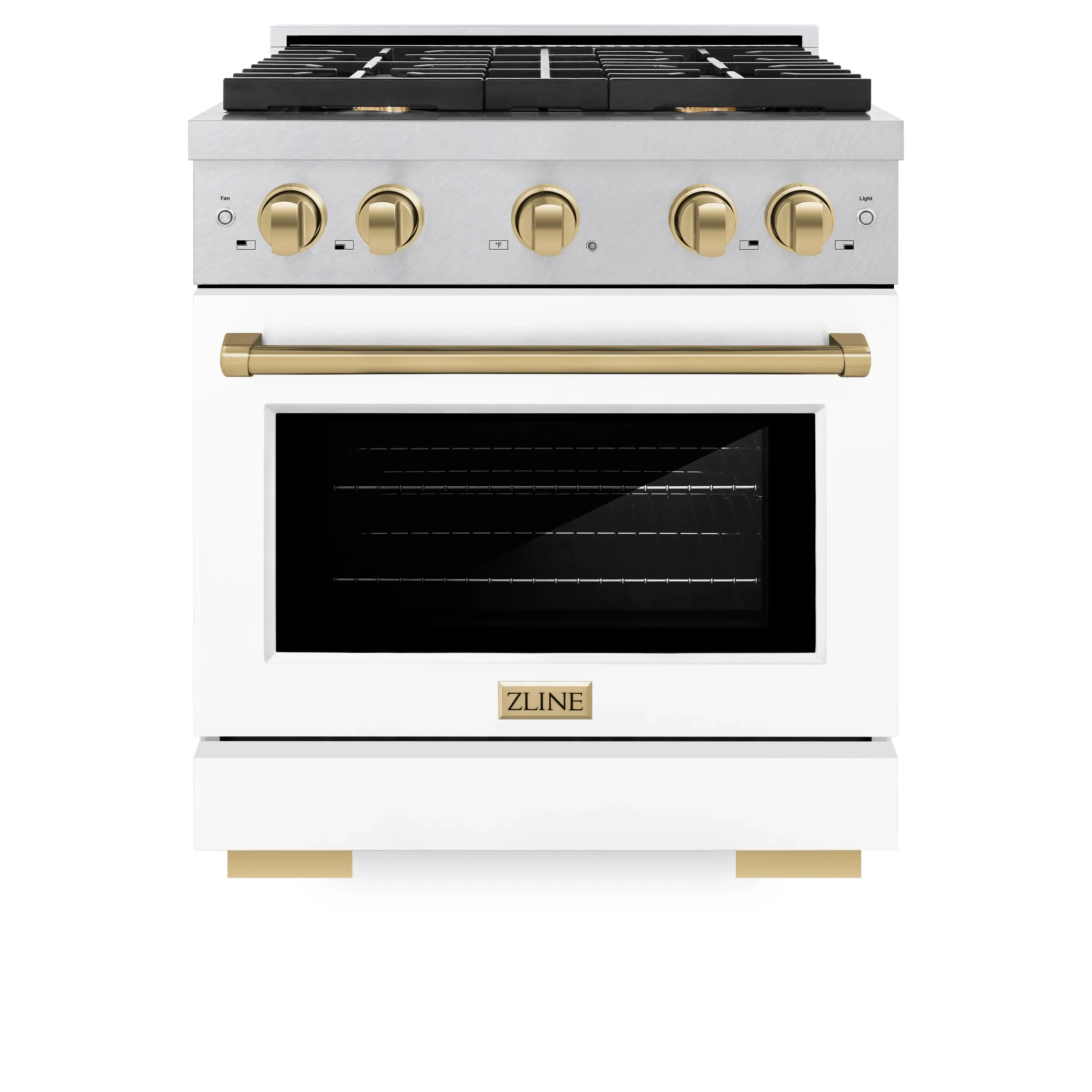ZLINE Autograph Edition 30-Inch 4.2 cu. ft. Paramount Dual Fuel Range with 4 Burner Gas Cooktop and Electric Convection Oven in Satin Stainless Steel with White Matte Door and Champagne Bronze Accents (SDRSZ-WM-30-CB)