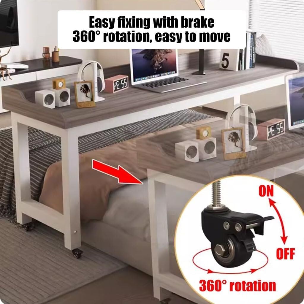 Adjustable Overbed Table with Lockable Wheels – 200x60cm Rolling Laptop Desk for Bed, Sofa & Home Office Use(170x50x80cm)