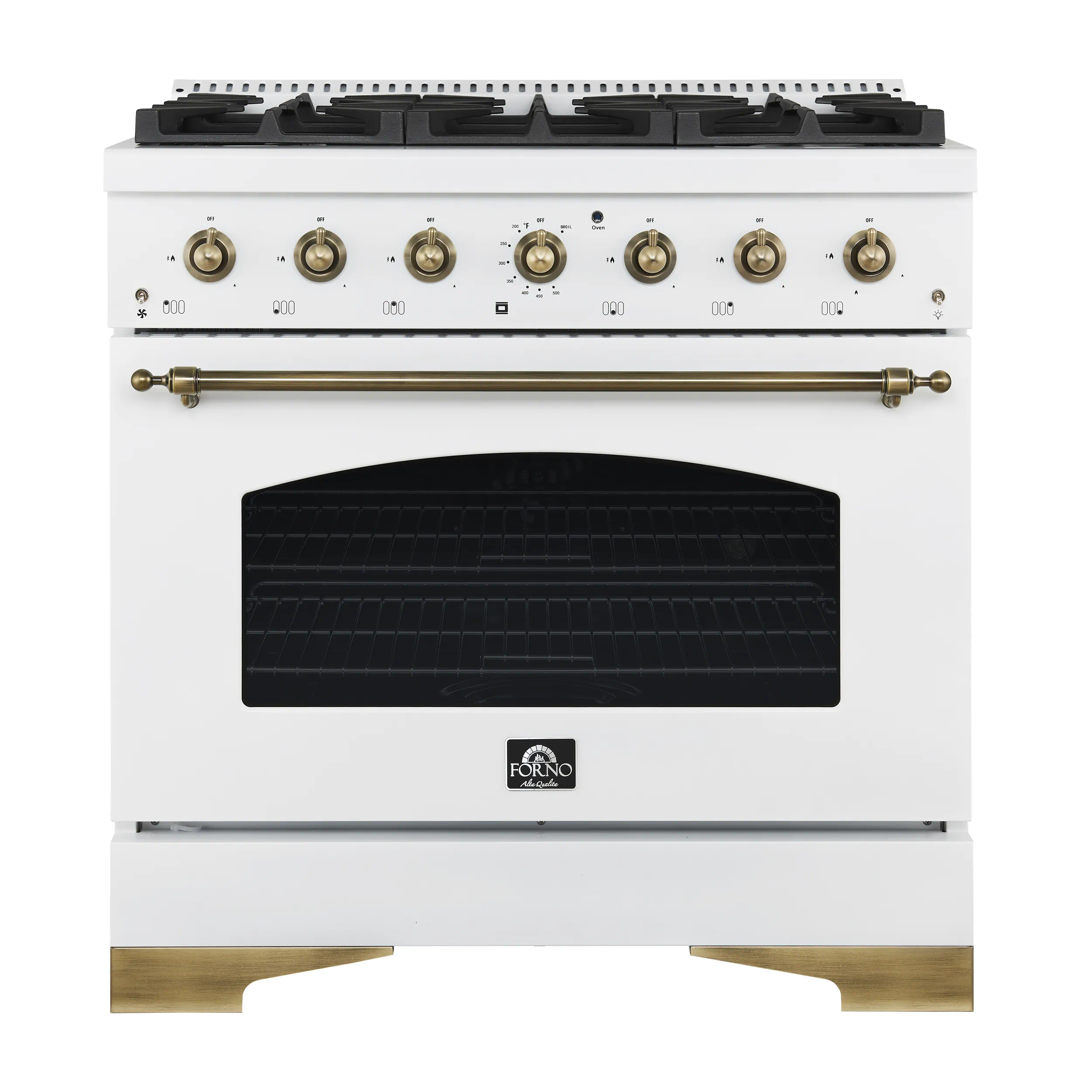 Forno Antico 36-inch Dual Fuel Range with 6 Gas Burner Cooktop and 4.5 Cu.Ft. Electric Convection Oven in White with Antique Brass Trim (FFSGS6113-36WHT)