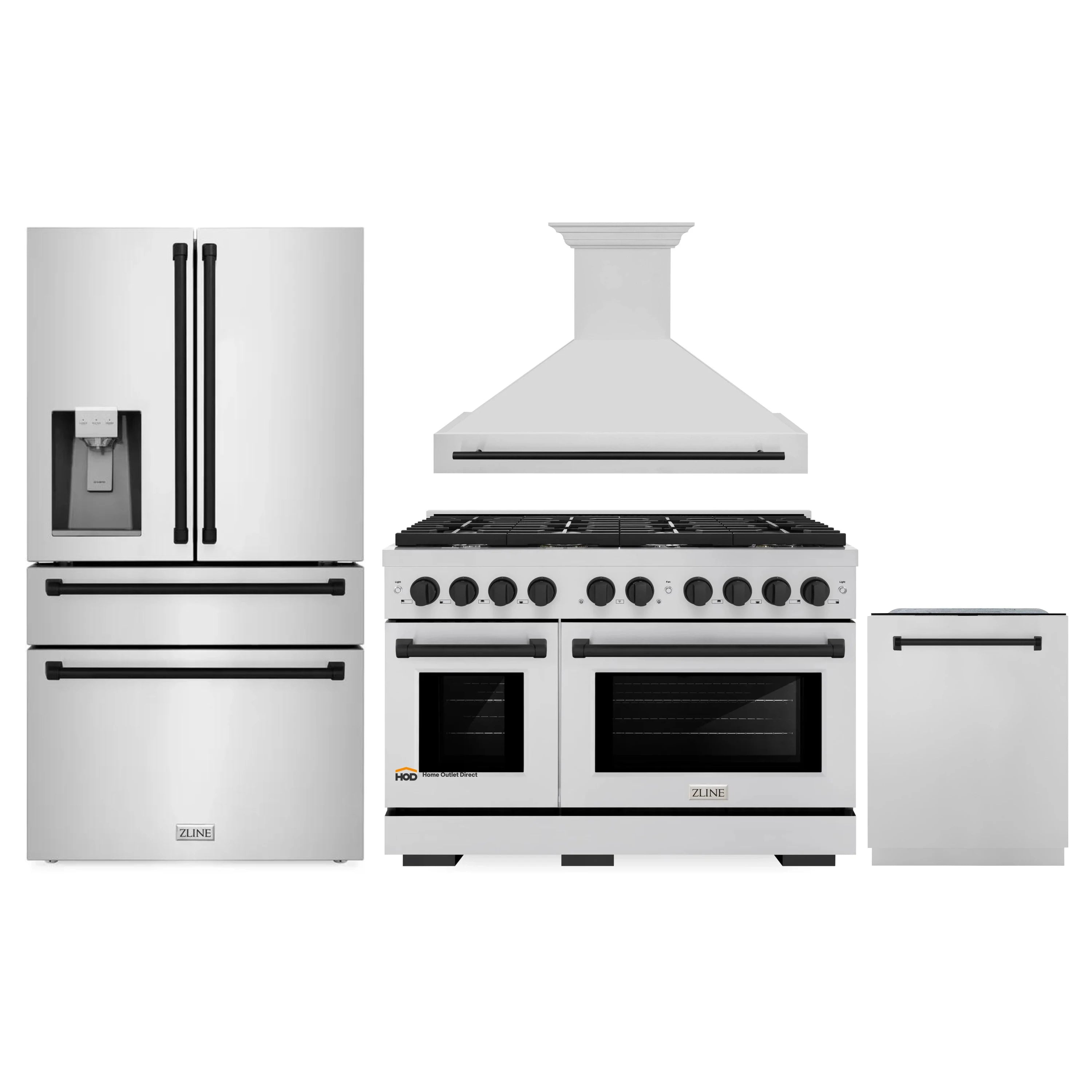 ZLINE Autograph Edition 4-Piece Appliance Package - 48-Inch Gas Range, Refrigerator with Water Dispenser, Wall Mounted Range Hood, & 24-Inch Tall Tub Dishwasher in Stainless Steel with Matte Black Trim (4KAPR-SGRRHDWM48-MB)