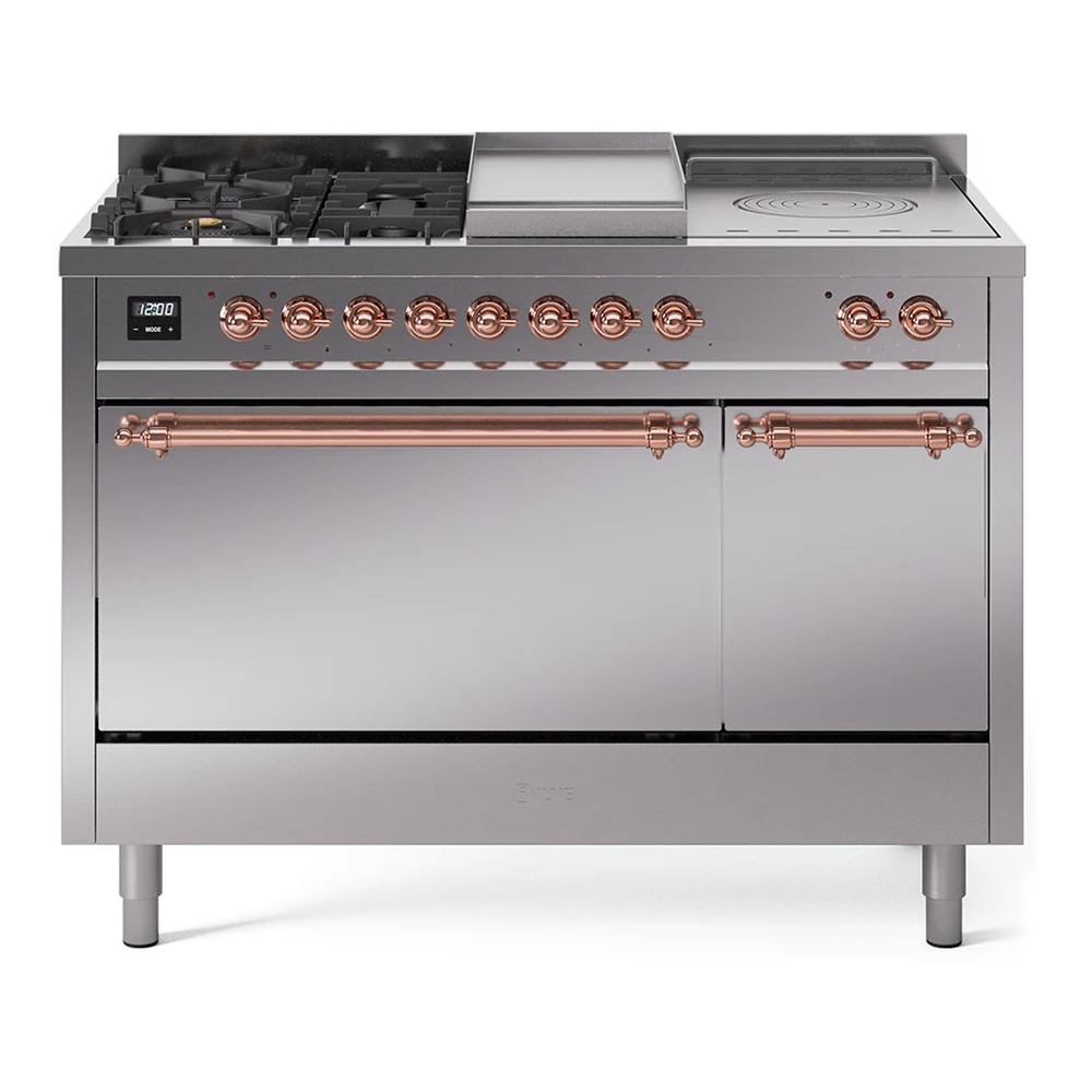 ILVE Nostalgie II 48-Inch Dual Fuel Range with 5 Burners, Griddle, & French Top, with Solid Door Oven in Stainless Steel with Copper Trim (UP48FSQNMPSSP)
