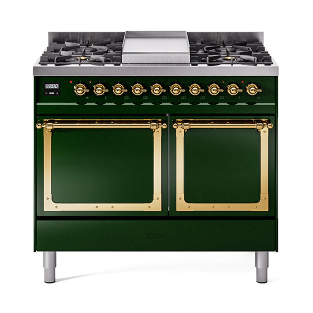 ILVE 40-Inch Nostalgie II Noblesse Dual Fuel Range with Solid Door Oven in Emerald Green with Brass Trim (UND40FQNMPEGG)