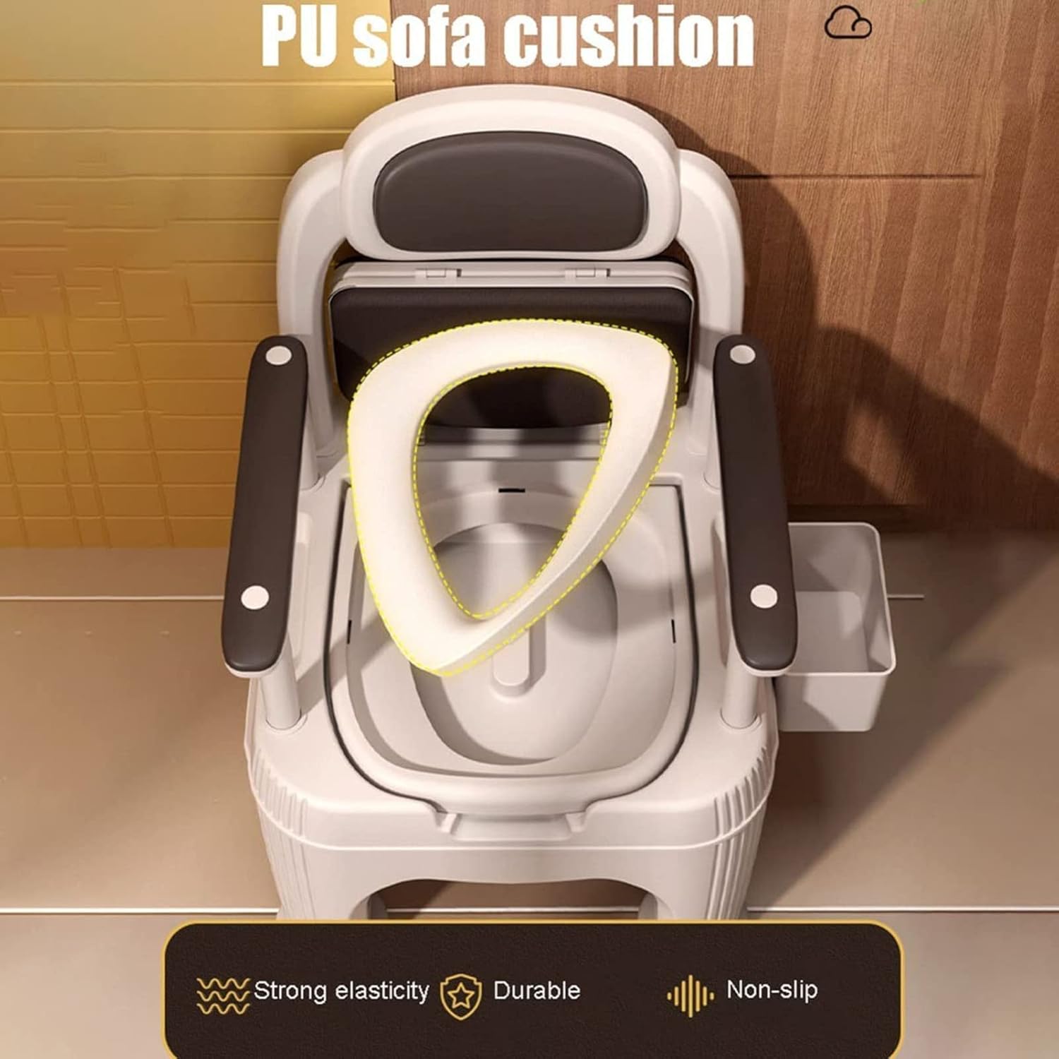 Bedside Commode, Bedside Toilet with Padded Seat and Back Commode Chair for Home Use 3 in 1 Portable Toilet Chair for The Elderly Disabled Khaki