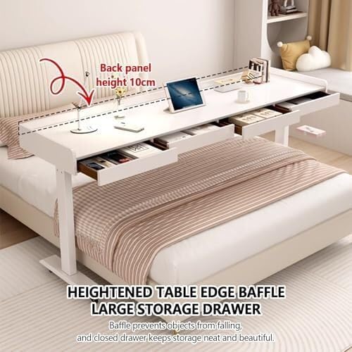 Mobile Electric Adjustable Height Bed Desk with Drawer, Rolling Overbed Table Wheels, Hospital & Home Use, Laptop for Bedroom(Brown White,180cm)