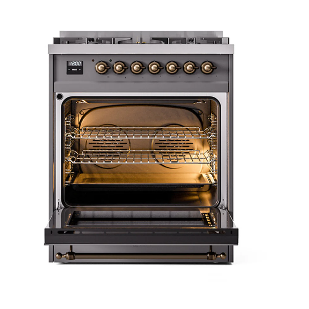 ILVE Nostalgie II 30-Inch Dual Fuel Range with Solid Door in Matte Graphite with Bronze Trim (UP30QNMPMGB)