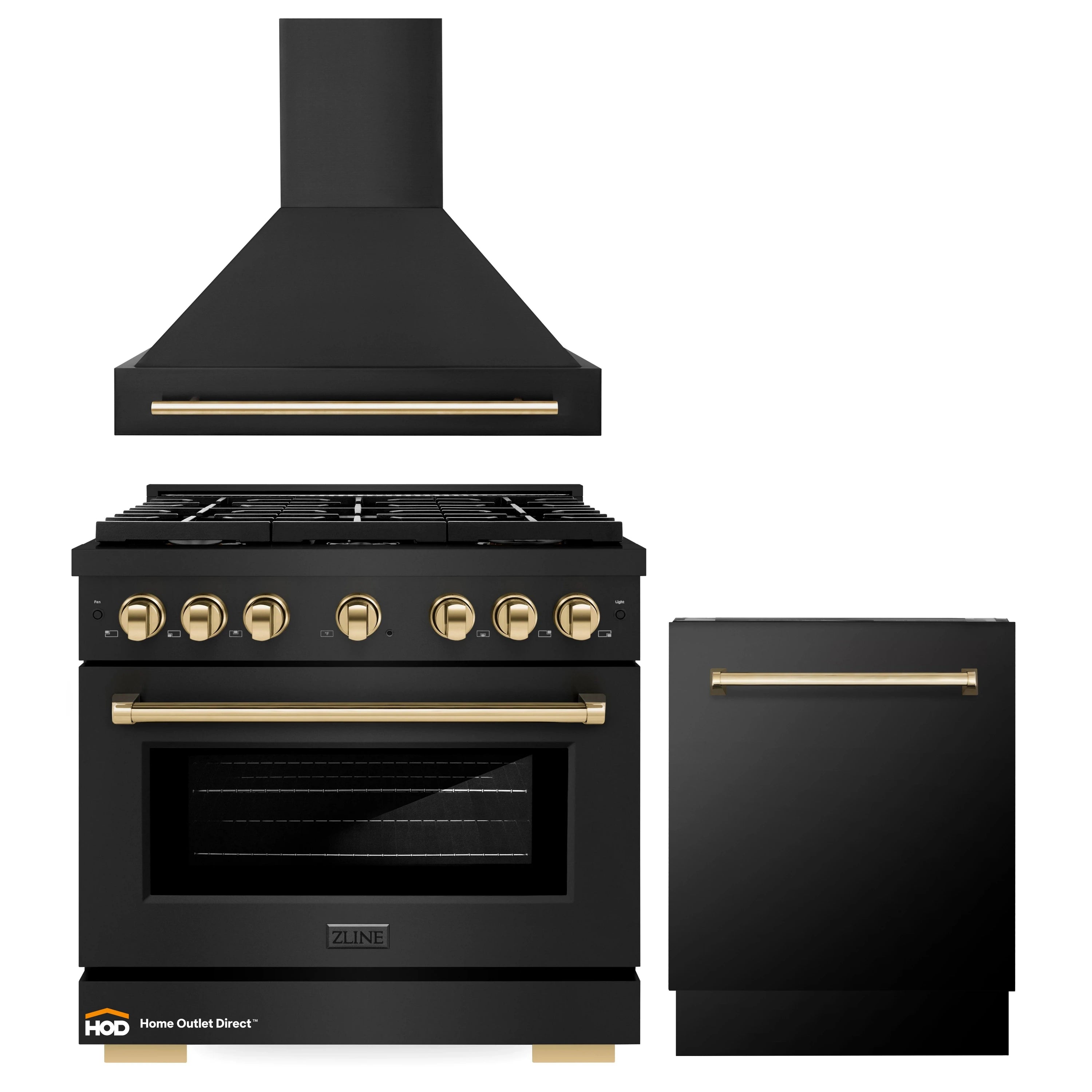 ZLINE Autograph Edition 3-Piece Appliance Package - 36-Inch Gas Range, Wall Mounted Range Hood, & 24-Inch Tall Tub Dishwasher in Black Stainless Steel with Gold Trim (3AKP-SGRBRHDWV36-G)