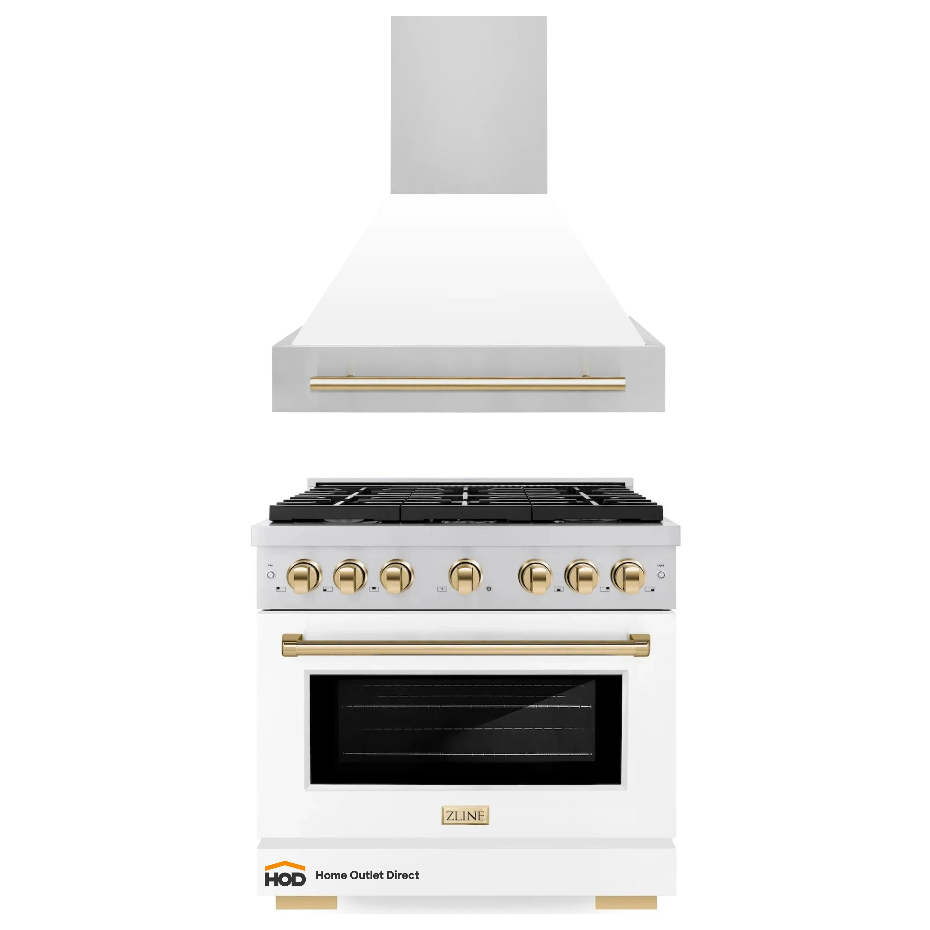 ZLINE Autograph Edition 2-Piece Appliance Package - 36-Inch Gas Range & Wall Mounted Range Hood in Stainless Steel and White Door with Gold Trim (2AKP-SGRWMRH36-G)