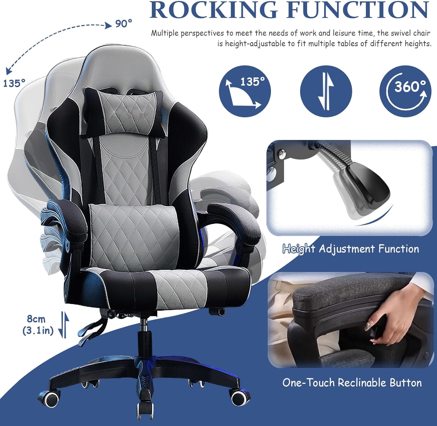 Computer Desk Chair, Executive Chairs, Adjustable Desk Chair with Lumbar Support Armrest, 135° Tilt Function Swivel Pu Leather Task Gaming Chair for Home Office Work Stud,Grey