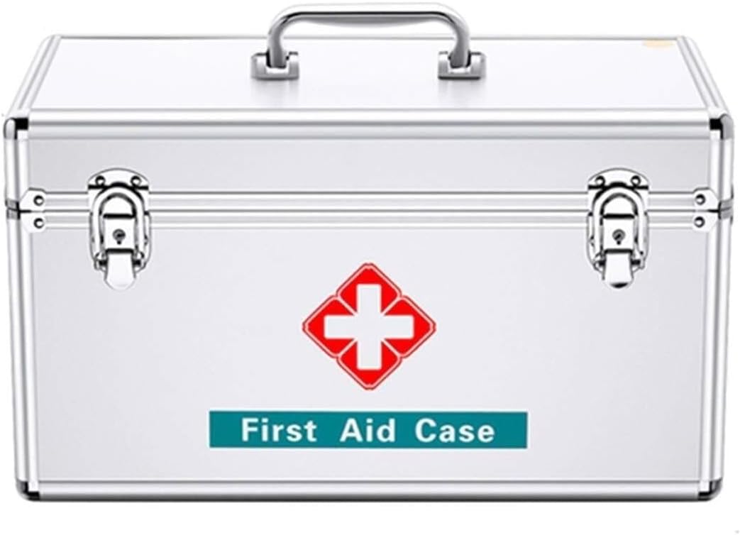 Portable Aluminum Alloy First Aid Box with Lock, 16-Inch Family Medicine Organizer for Home, Travel, Camping, Office & Emergency Use(White)