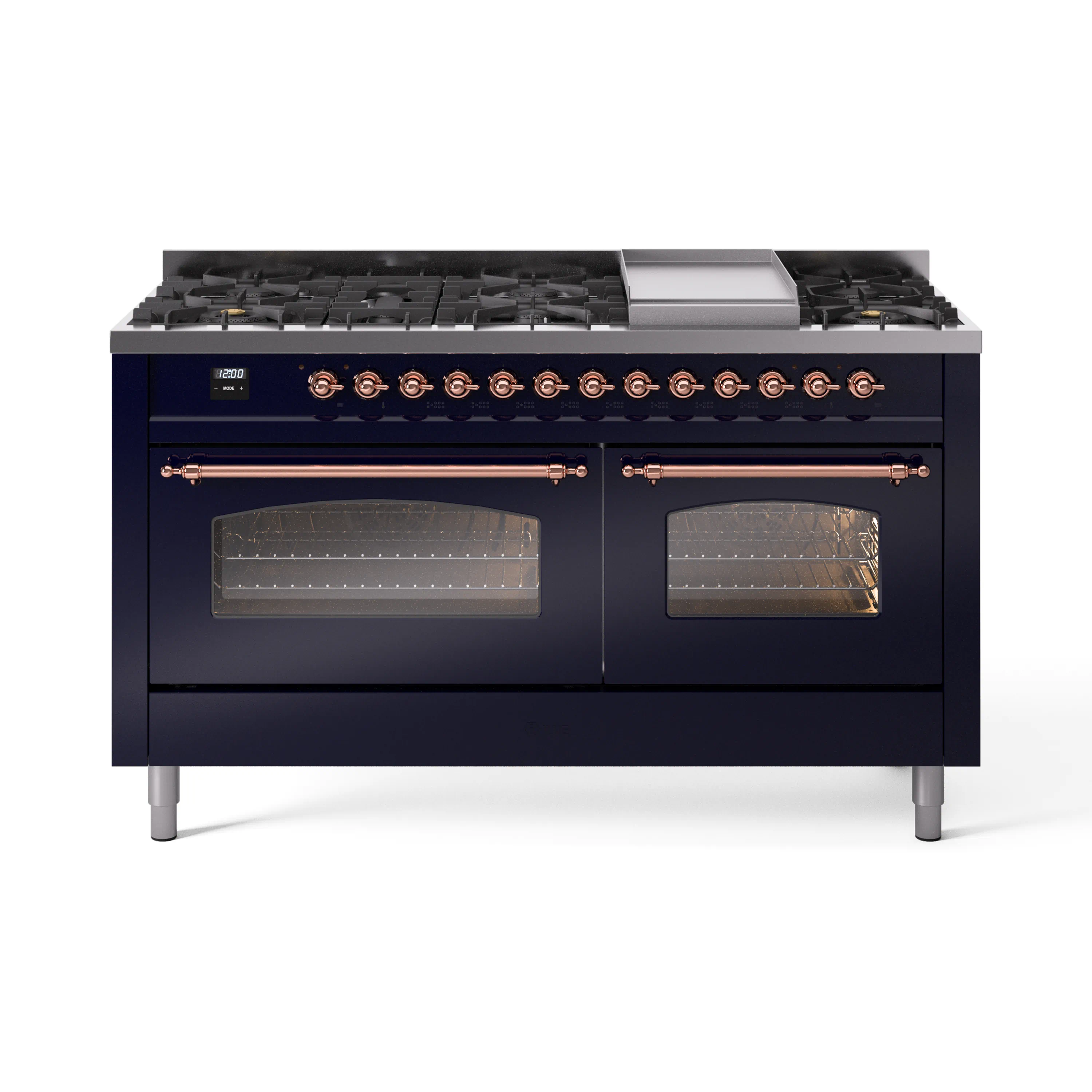 ILVE 60-Inch Nostalgie II Dual Fuel Range with 9 Burners, Griddle and Triple Glass Door Oven in Midnight Blue with Copper Trim (UP60FNMPMBP)