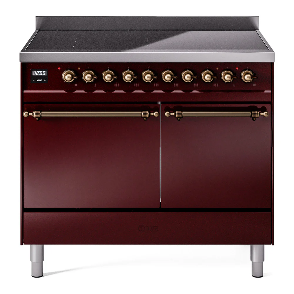 ILVE 40-Inch Nostalgie II Induction Range with Solid Door Oven in Burgundy with Bronze Trim (UPDI406QNMPBUB)