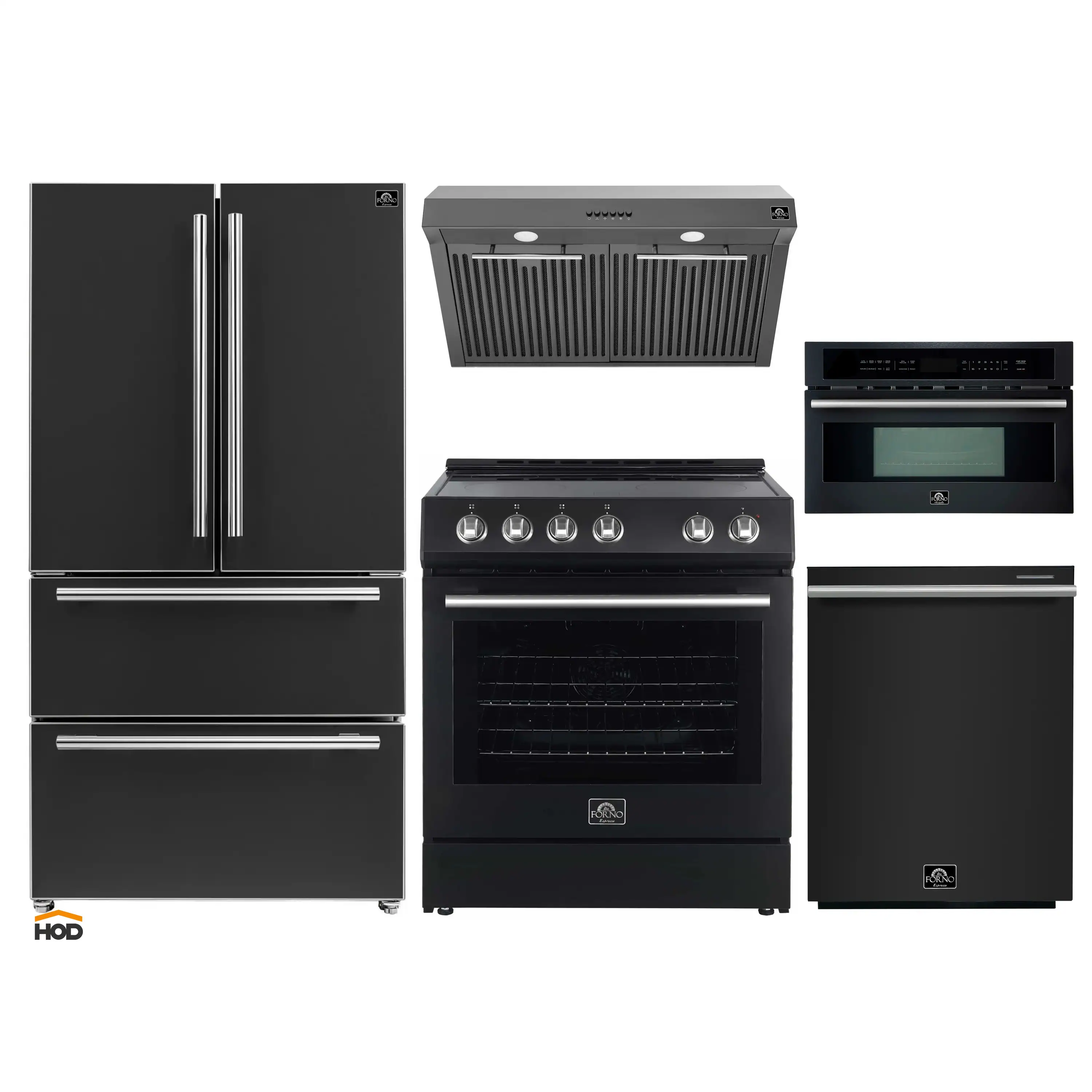 Forno 5-Piece Appliance Package - 30-Inch Electric Range, Under Cabinet Range Hood, Refrigerator, Dishwasher, and 30-Inch Microwave Oven in Black with Stainless Steel Trim