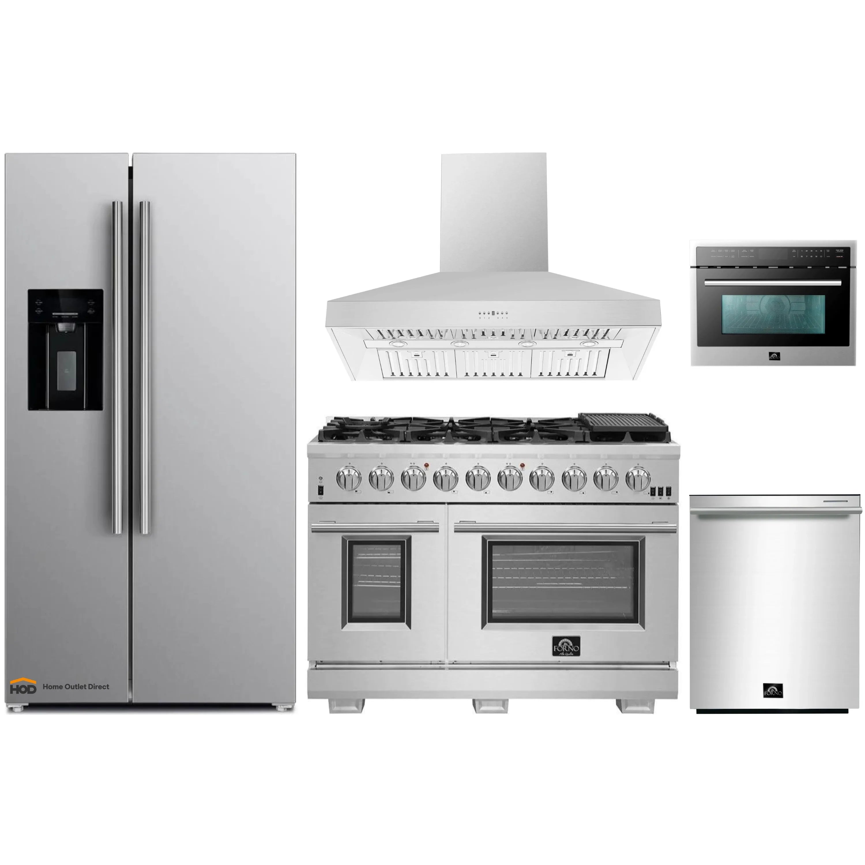 Forno 5-Piece Pro Appliance Package - 48-Inch Gas Range, Refrigerator with Water Dispenser, Wall Mount Hood, 24-Inch Microwave Oven, & 3-Rack Dishwasher in Stainless Steel