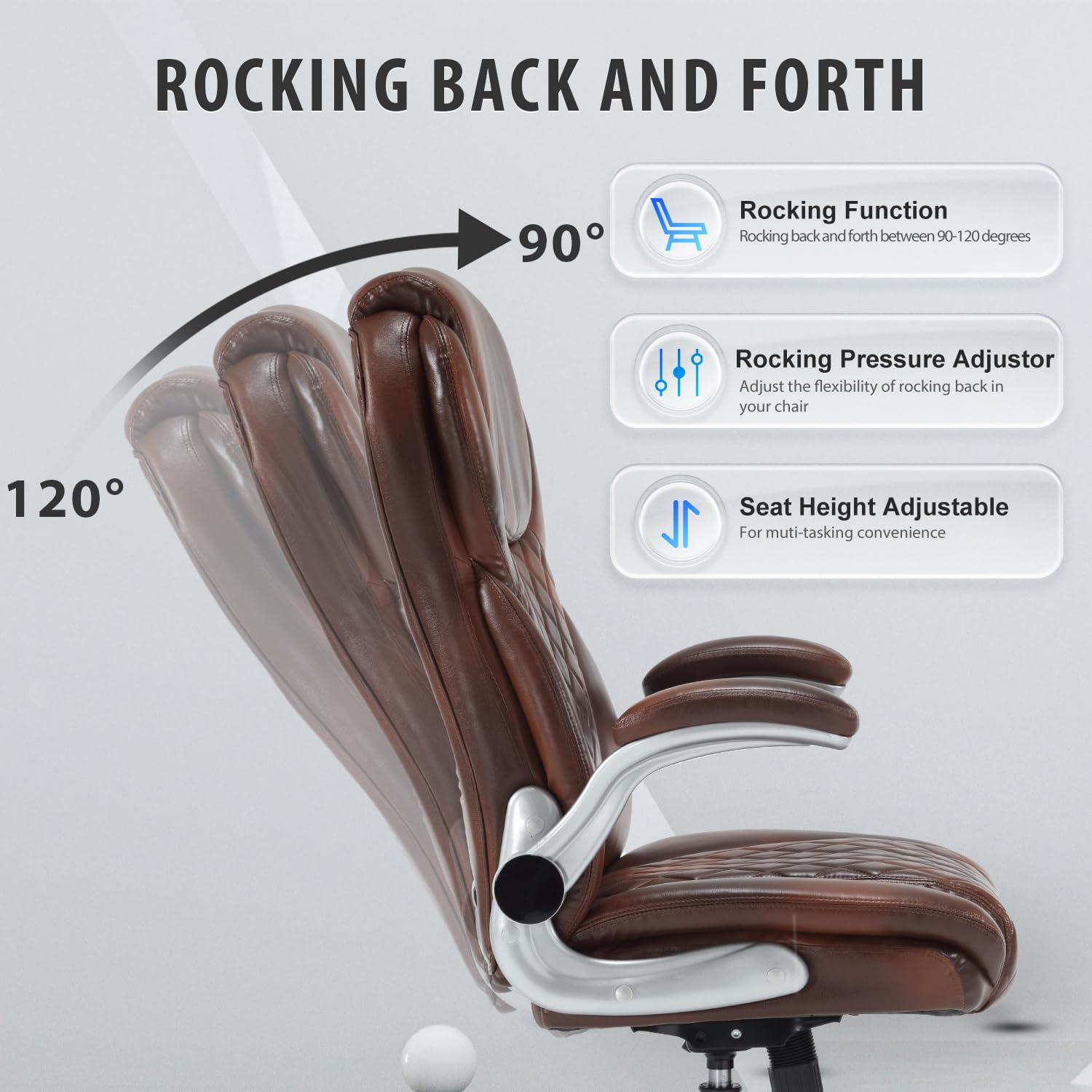 Big and Tall Executive Office Chair Brown, PU Leather High Back Office Desk Chairs with Wheels, Rocking Managerial Ergonomic Big Tall Home Computer Chairs with Flip up Arms and Lumbar Support