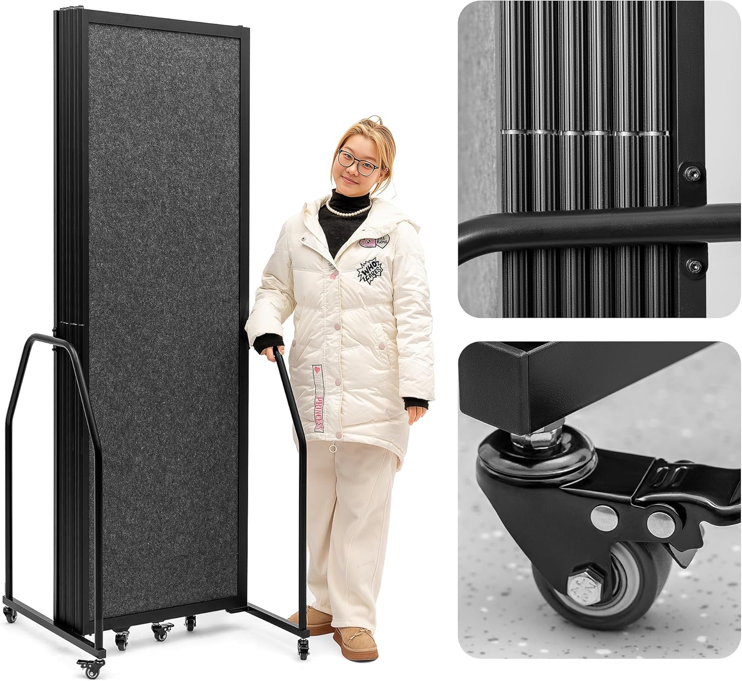 Foldable Privacy Screens Rolling Room Partition with arms Versatile Freestanding Dividers for Hospitals Clinics Nursing Homes Offices 7 Panel, Dark Gray