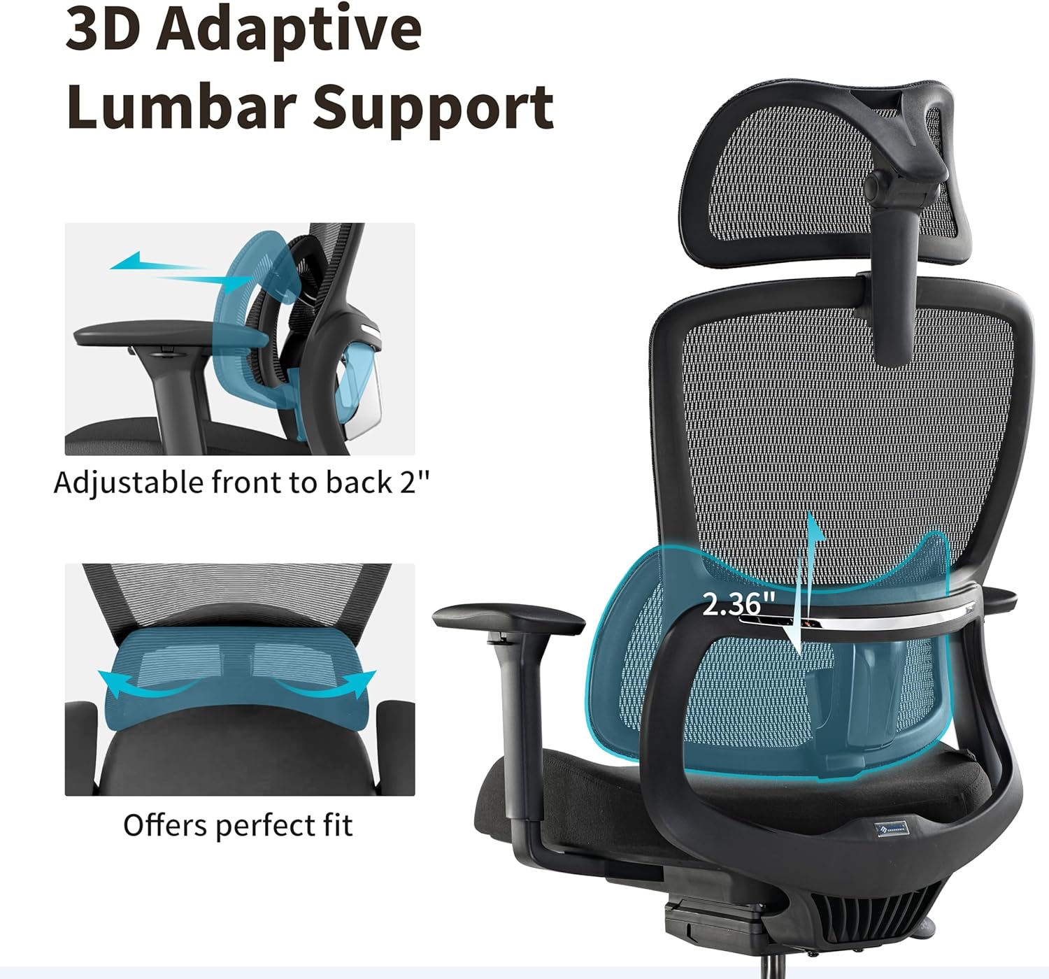 EUREKA ERGONOMIC Office Chair Mesh with Wheels, Ergonomic Chair with Lumbar Support, Home Office Desk Chair with Adjustable Seat Depth, 3D Armrest & Headrest, Black