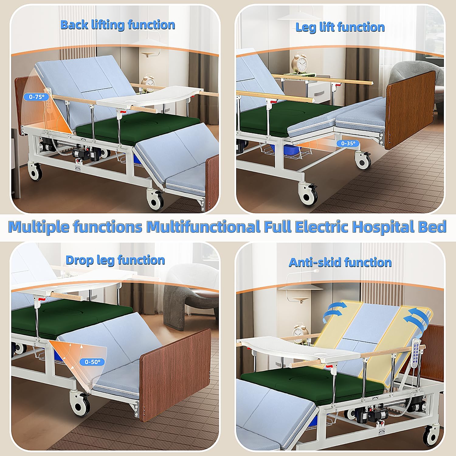 Fully Electric Hospital Bed for Home Use with Premium Mattress and Rails, Adjustable Bed, HomeCare Hospital Beds Set, 3 Classic Functions,78.7