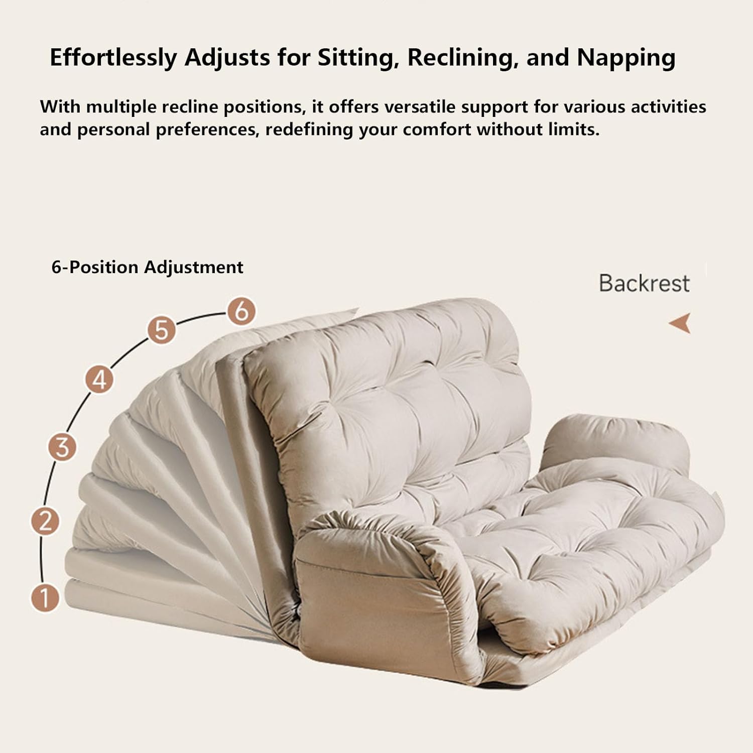 6-Position Adjustable Lazy Sofa, Fluffy-Tech Fabric Recliner with Padded Armrests, Ergonomic Dual-Zone Support Freestanding Lounge Chair for Bedroom & Living Room