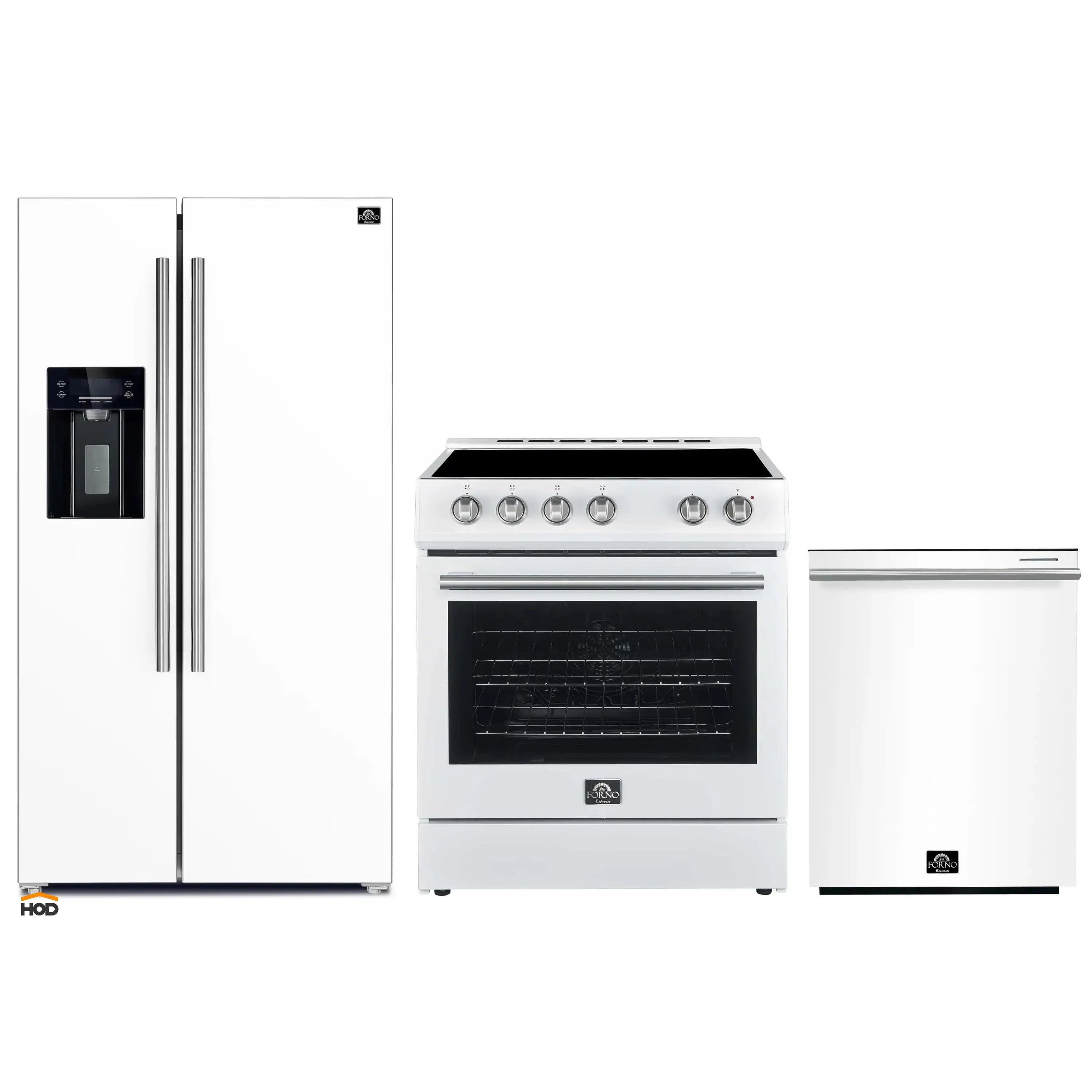 Forno Espresso 3-Piece Appliance Package - 30-Inch Electric Range, Refrigerator with Water Dispenser and Dishwasher in White with Stainless Steel Trim