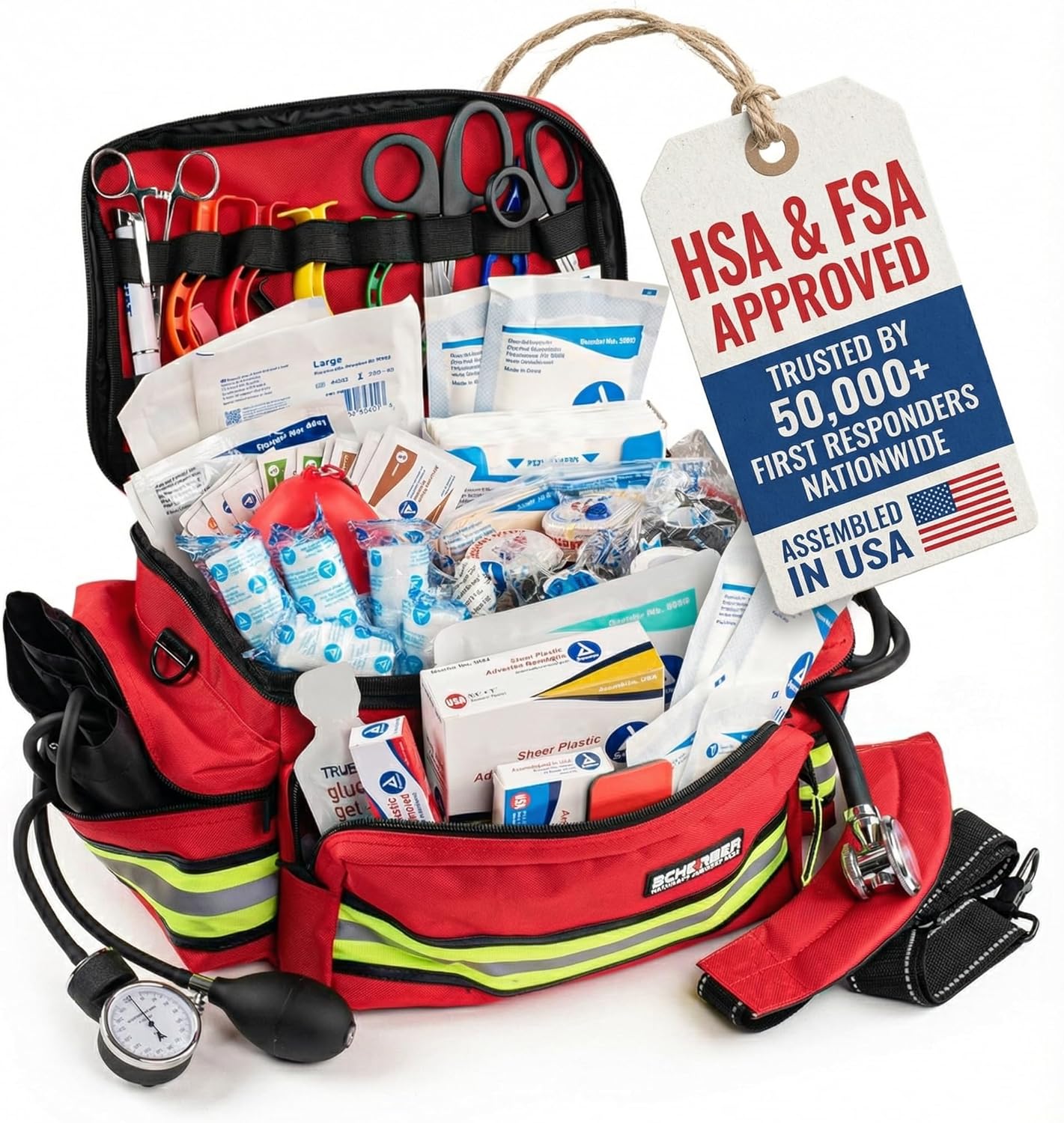 Scherber First Responder Fully-Stocked Professional Essentials EMT/EMS Trauma Kit | HSA/FSA Approved | Reflective Bag w/8 Zippered Pockets & Compartments & 200+ First Aid Supplies - Red