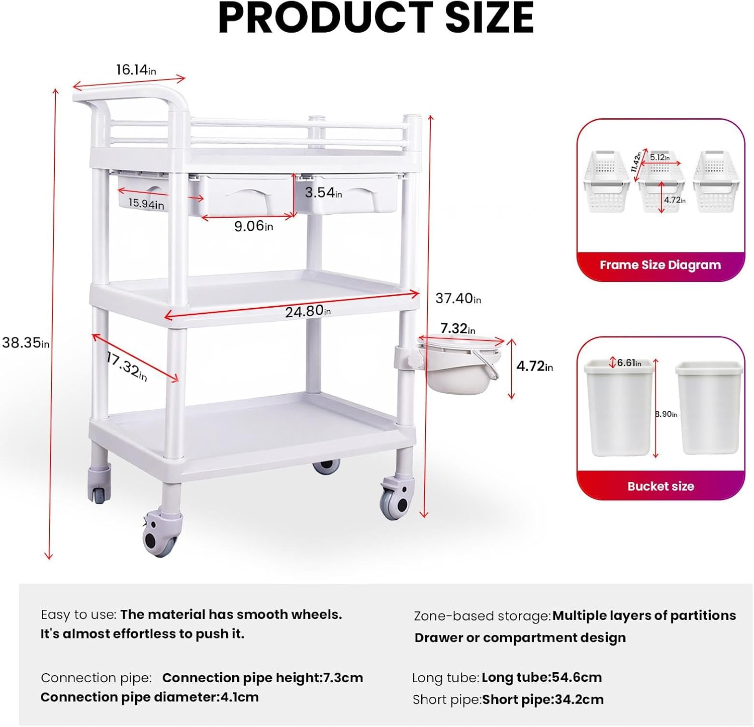 Medical Cart Professional 3-Tier Mobile with Wheels 110 LBS Max Load Rolling Cart with Drawers Dirt Bucket Sharps Box for Hospital Dental Clinic Home Medical Staff & Caregivers