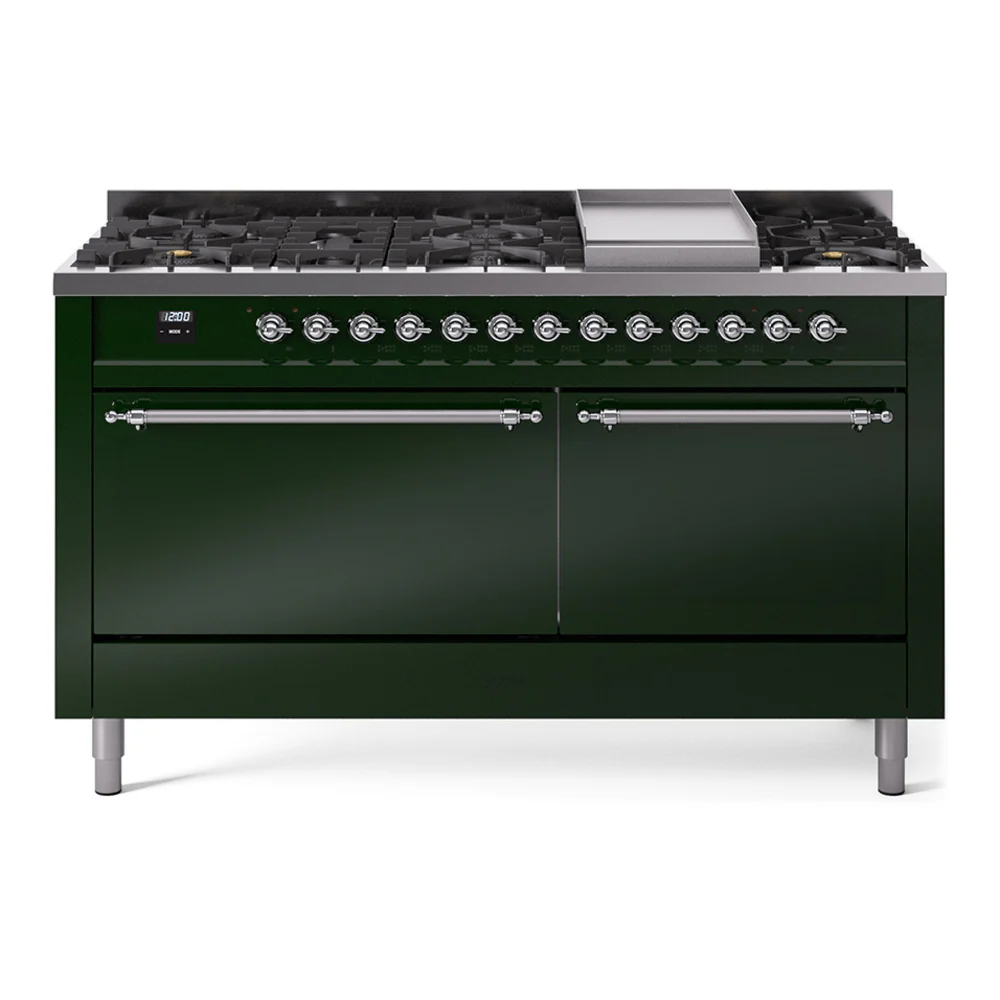ILVE 60-Inch Nostalgie II Dual Fuel Range with 9 Burners, Griddle, and Solid Door Oven in Emerald Green with Chrome Trim (UP60FQNMPEGC)