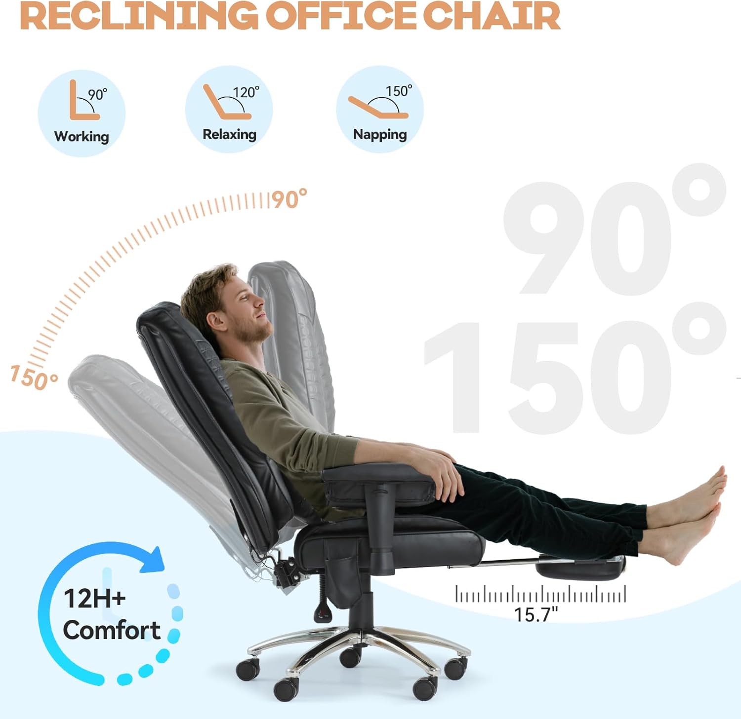 Vibrate Massage & Heating Office Chair with Foot Rest, Executive Office Chair with Reclining Backrest, Adjustable Arms & Lumbar Support, High Back Leather Desk Chairs for Home Office, Black