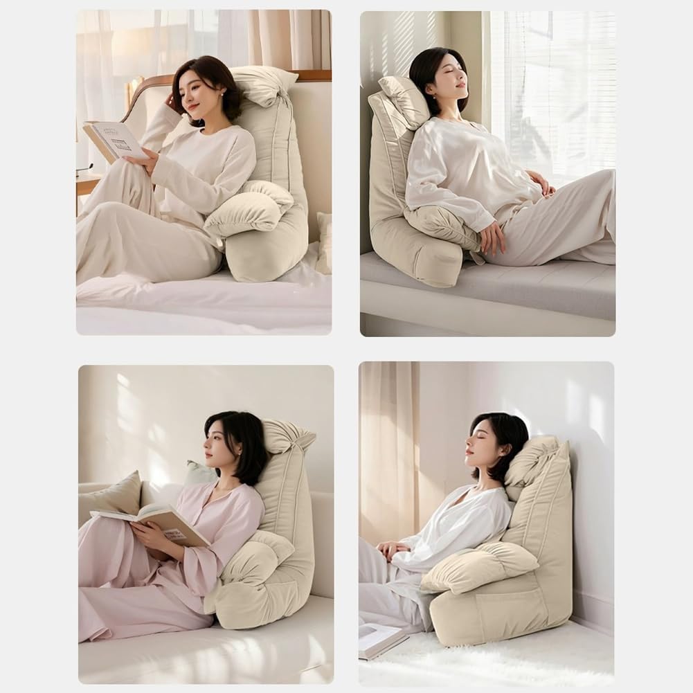 Backrest Reading Bed Rest Pillow with Arms - Removable Washable Cover, Back Support Wedge Cushion for Neck & Lumbar, Headboard Pillow for Bed Sitting Up, Floor Pillow (Khaki02, Medium)