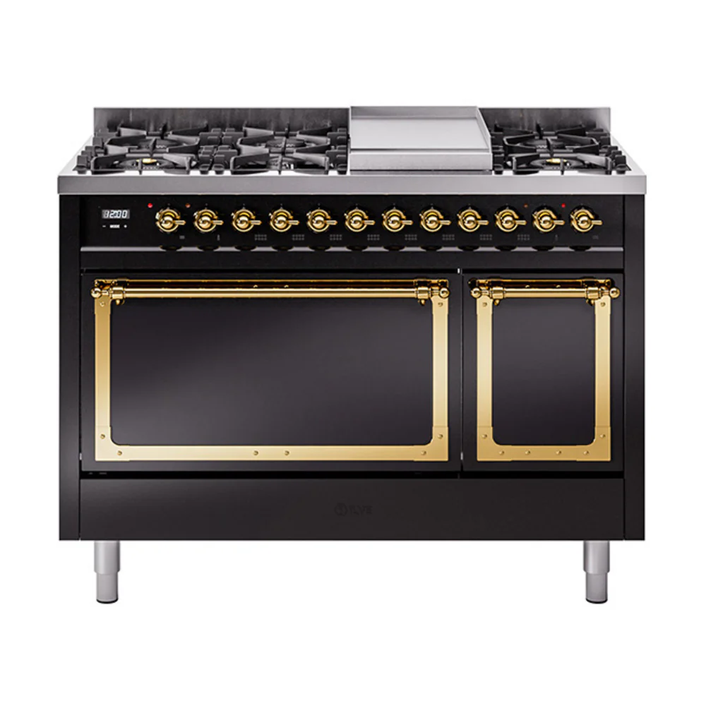 ILVE Nostalgie II Noblesse 48-Inch Dual Fuel Freestanding Range with Solid Door Oven in Glossy Black with Brass Trim (UN48FQNMPBKG)