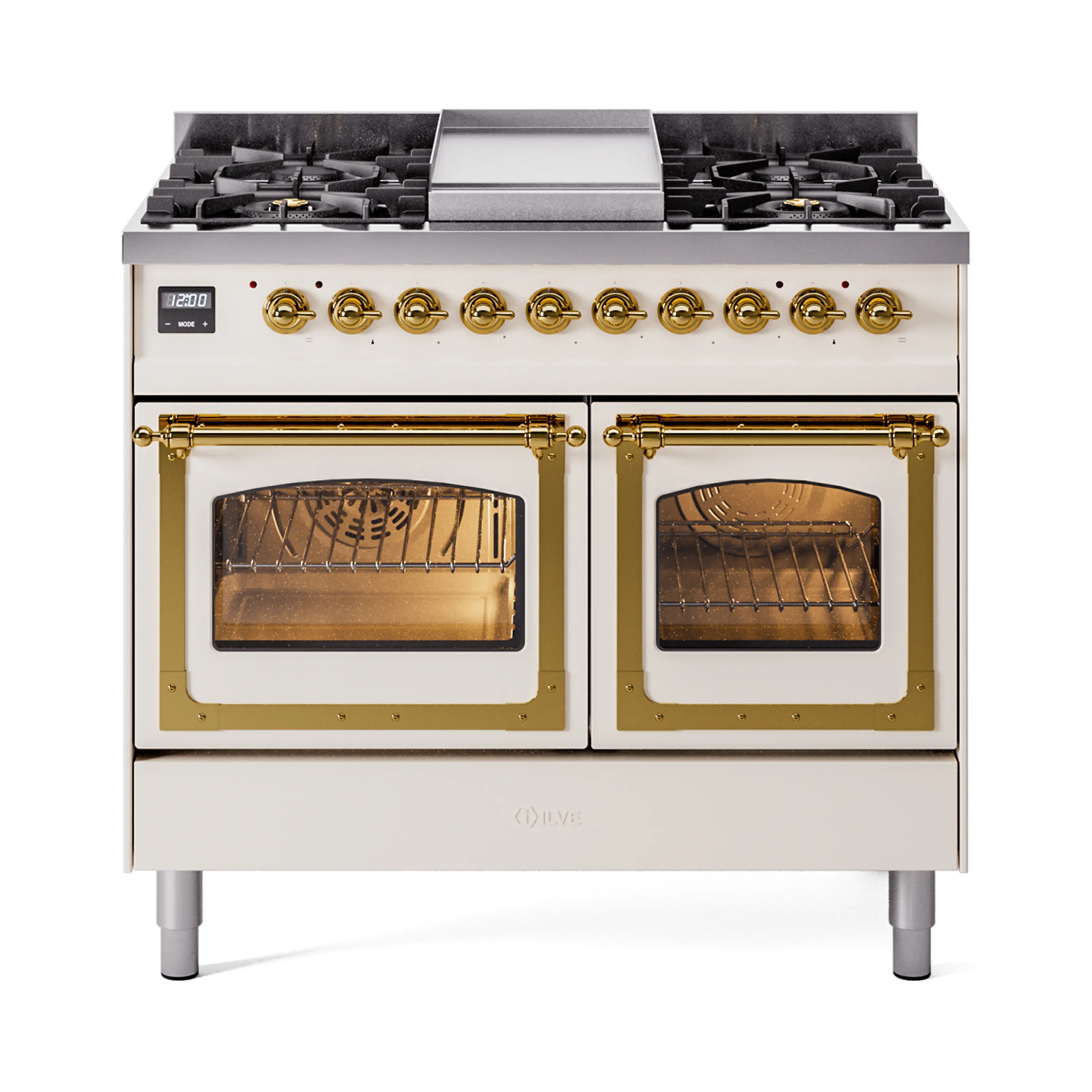 ILVE 40-Inch Nostalgie II Noblesse Dual Fuel Range with Triple Glass Door Oven in Antique White with Brass Trim (UND40FNMPAWG)