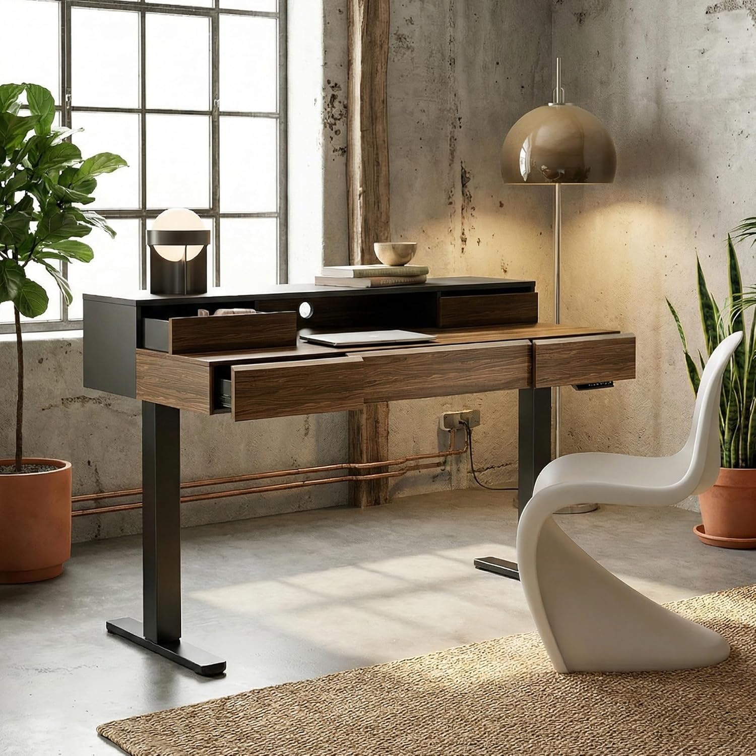 ErGear Electric Standing Desk with 5 Solid Wood Drawers, 48 x 26 Inches Whole Piece Desktop, with Desktop Riser Stand, Compatible with C-Clamp Monitor Arms, Modern Office Desk, Dark Walnut