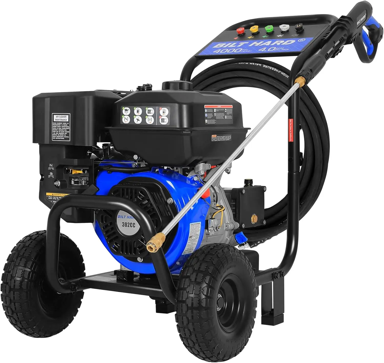BILT HARD 4000 PSI 4.0 GPM GAS Pressure Washer, 302cc Engine, Gas Power Washer with Triplex Pump, Spray Gun and Wand, Built-In Soap Tank, 5 QC Nozzle Tips, 50 Ft Hose with 3/8
