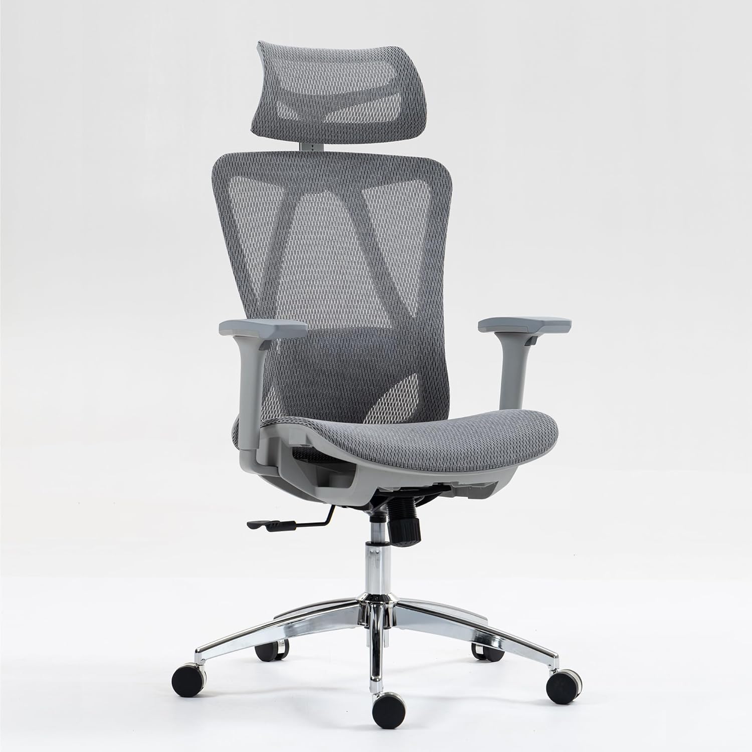 Ergonomic High Back Mesh Office Chair, Adjustable Lumbar Support, 3D Armrests, Headrest, Reclining Desk Chair with W-Shaped Seat (Grey)