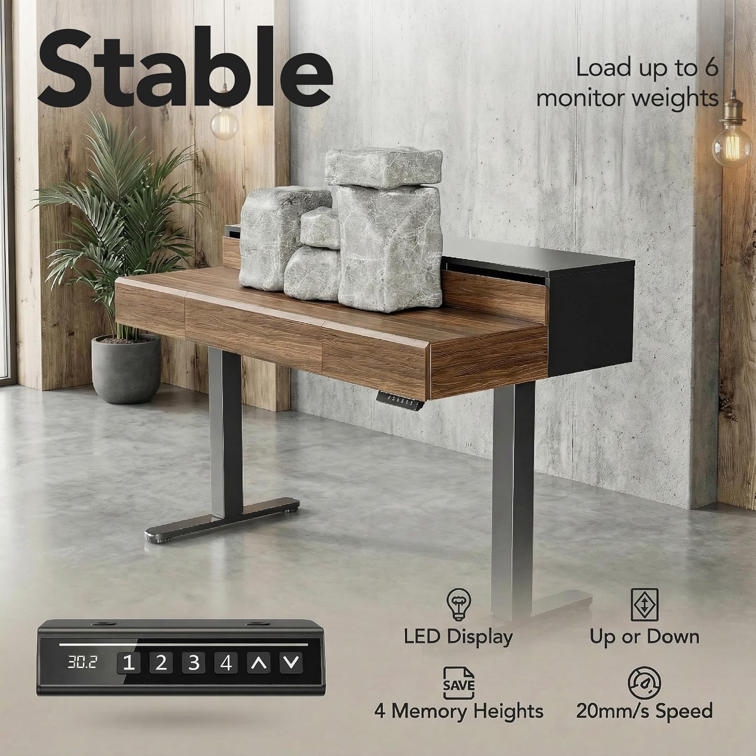 ErGear Electric Standing Desk with 5 Solid Wood Drawers, 48 x 26 Inches Whole Piece Desktop, with Desktop Riser Stand, Compatible with C-Clamp Monitor Arms, Modern Office Desk, Dark Walnut