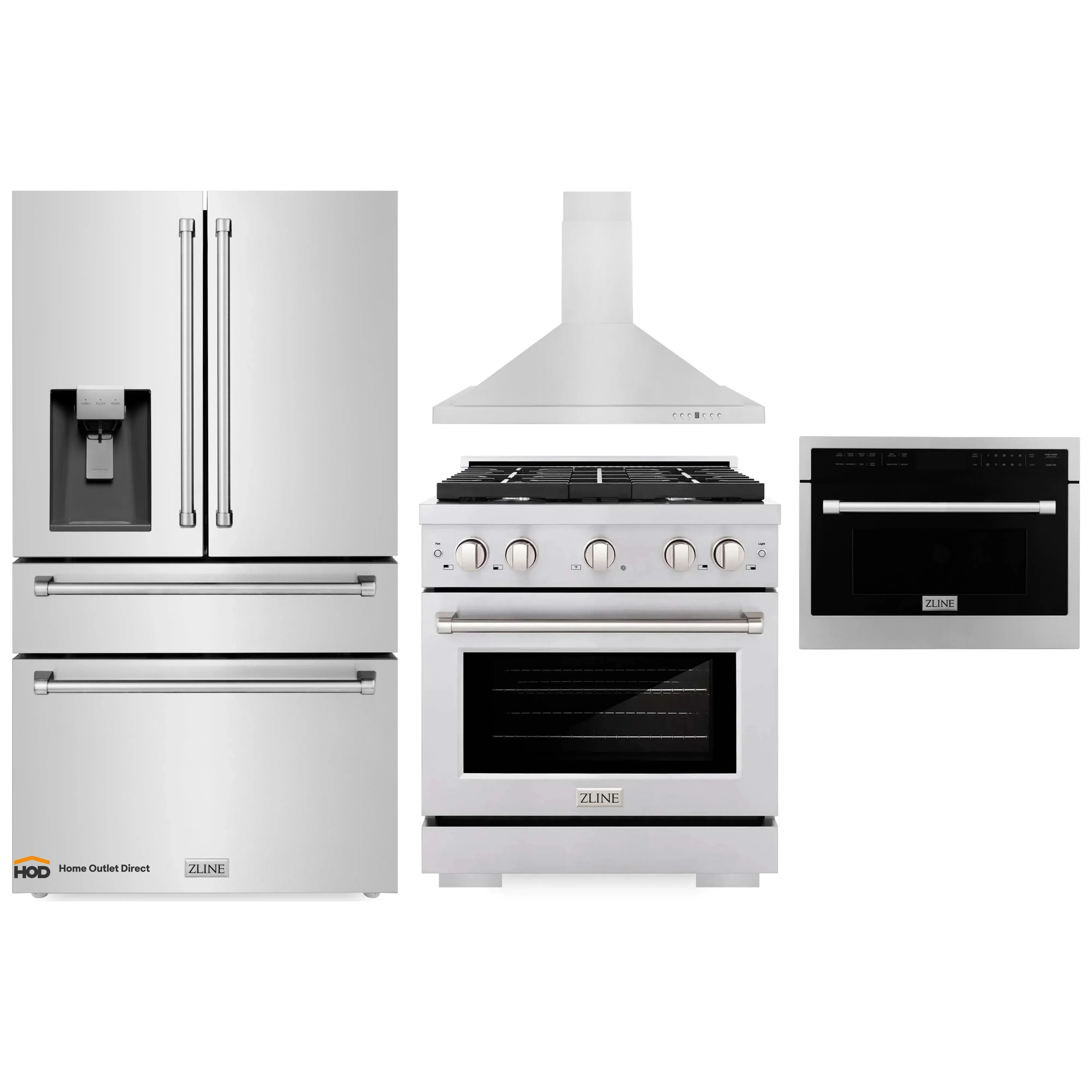 ZLINE 4-Piece Appliance Package - 30-Inch Gas Range, Refrigerator with Water Dispenser, Convertible Wall Mount Hood, and Microwave Oven in Stainless Steel (4KPRW-SGRRH30-MWO)