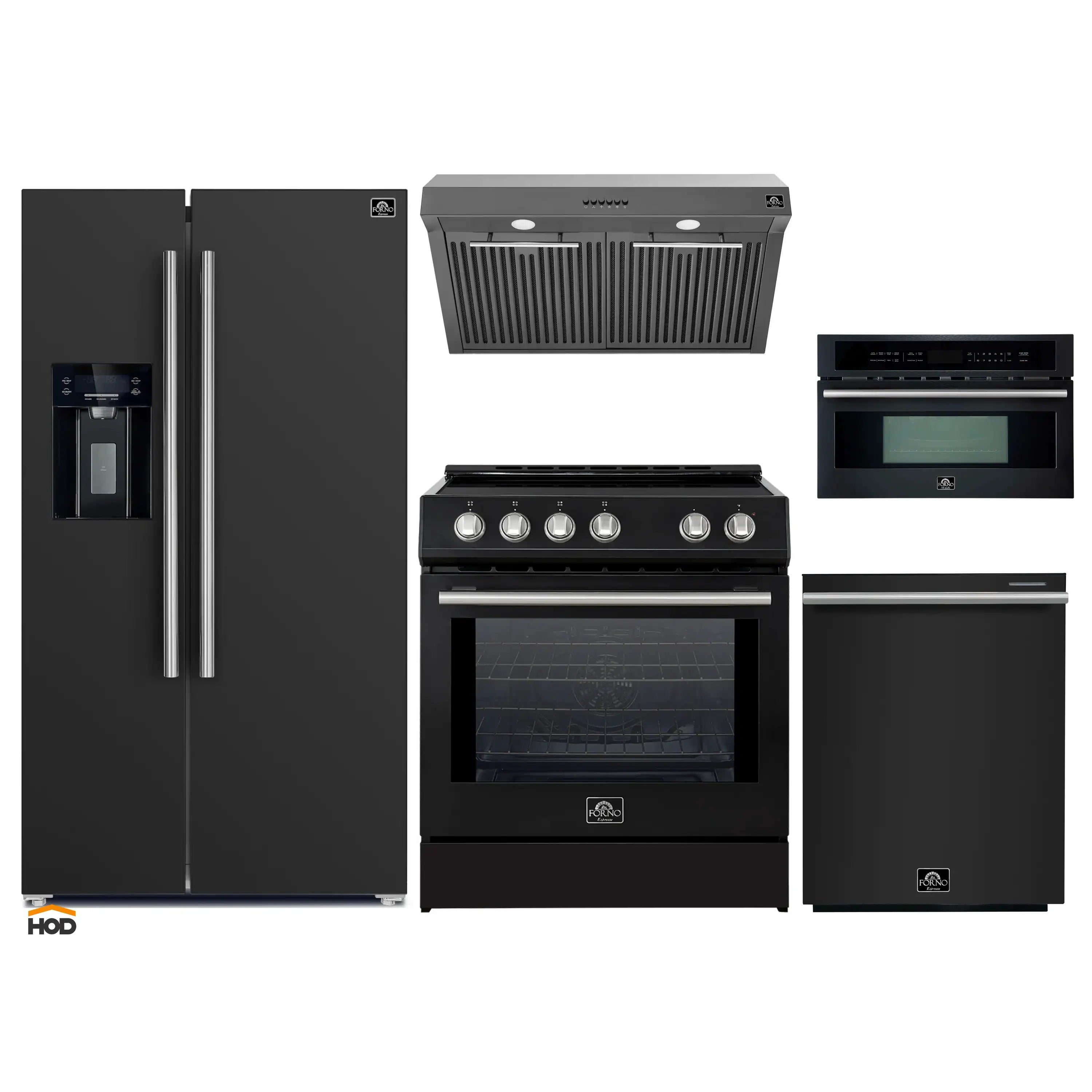 Forno 5-Piece Appliance Package - 30-Inch Induction Range, Under Cabinet Range Hood, Refrigerator with Water Dispenser, Dishwasher, and  30-Inch Microwave Oven in Black with Stainless Steel Trim