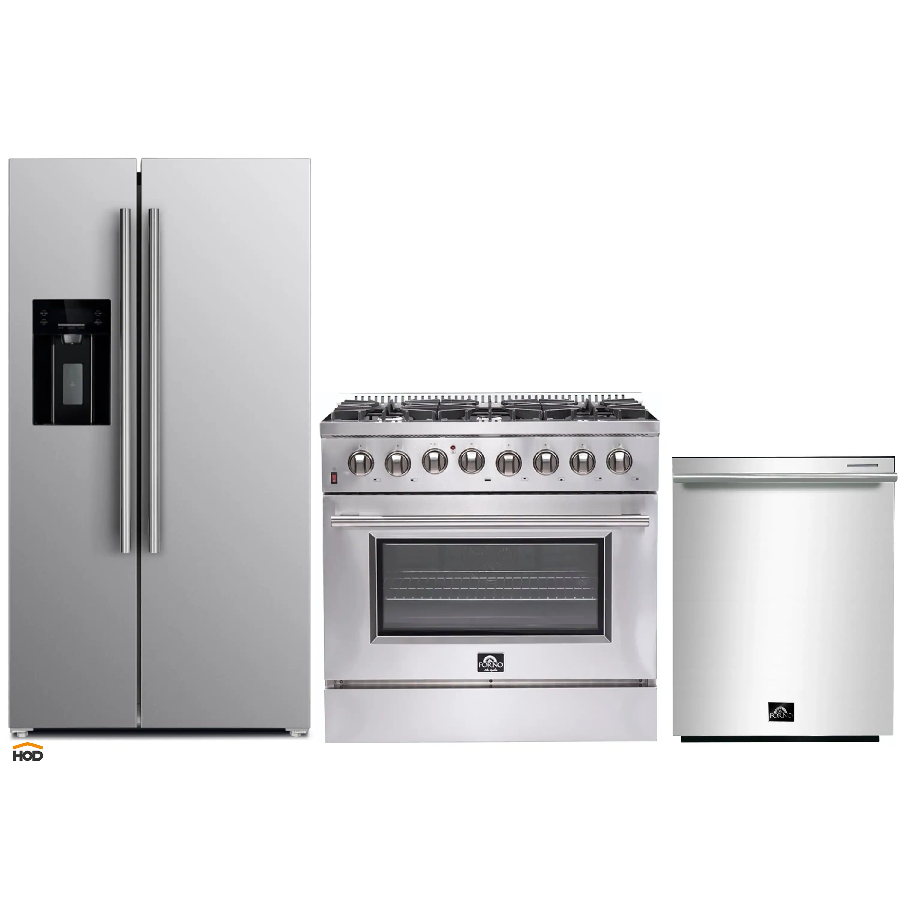 Forno 3-Piece Appliance Package - 36-Inch Dual Fuel Range, Refrigerator with Water Dispenser, & Dishwasher in Stainless Steel