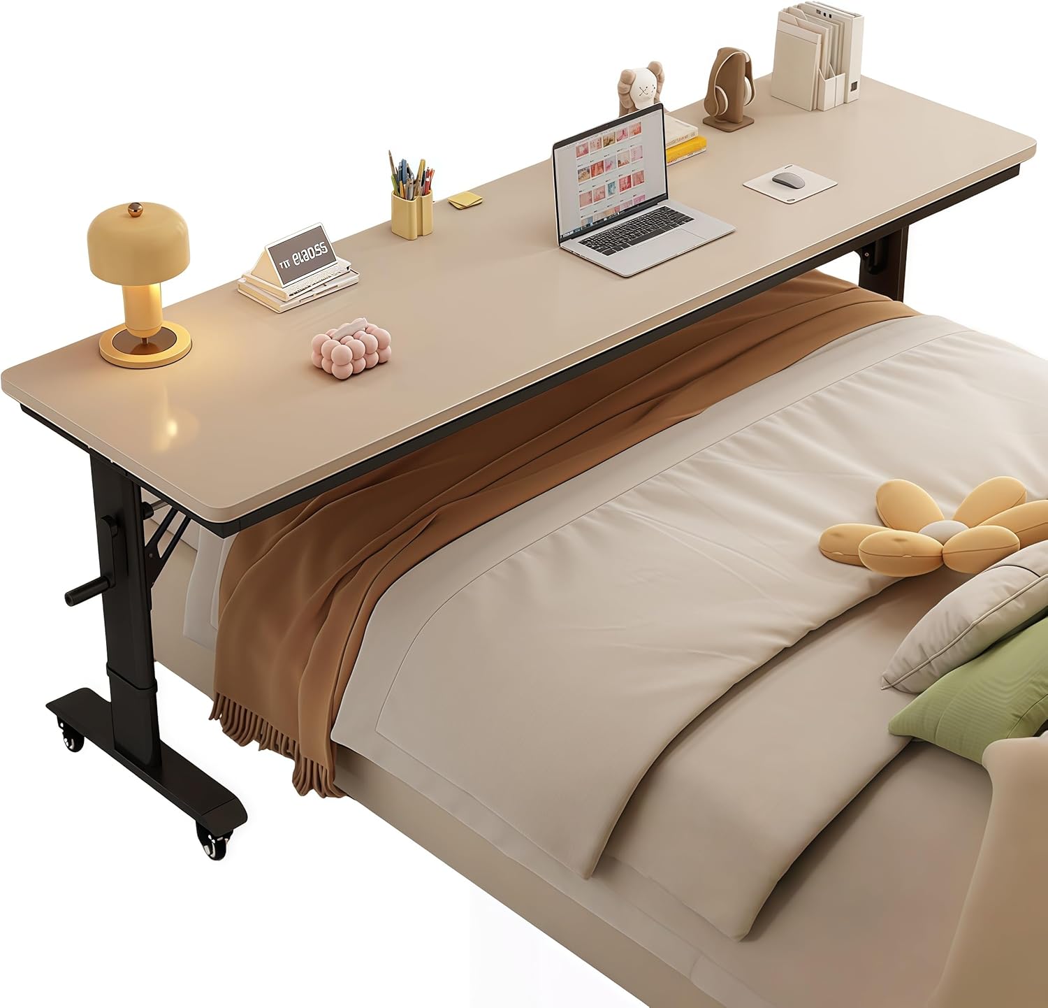 Over The Bed Table with Wheels,Adjustable Height Rolling Bed Desk - Mobile Laptop Cart for Home Office,Hospital, Bedroom Work,Fits King Size Beds