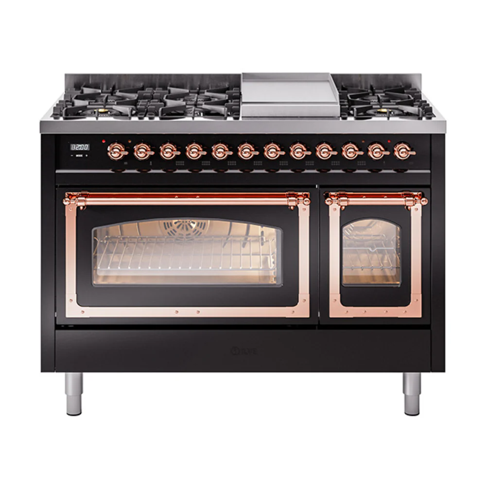 ILVE Nostalgie II Noblesse 48-Inch Dual Fuel Freestanding Range in Glossy Black with Copper Trim (UN48FNMPBKP)