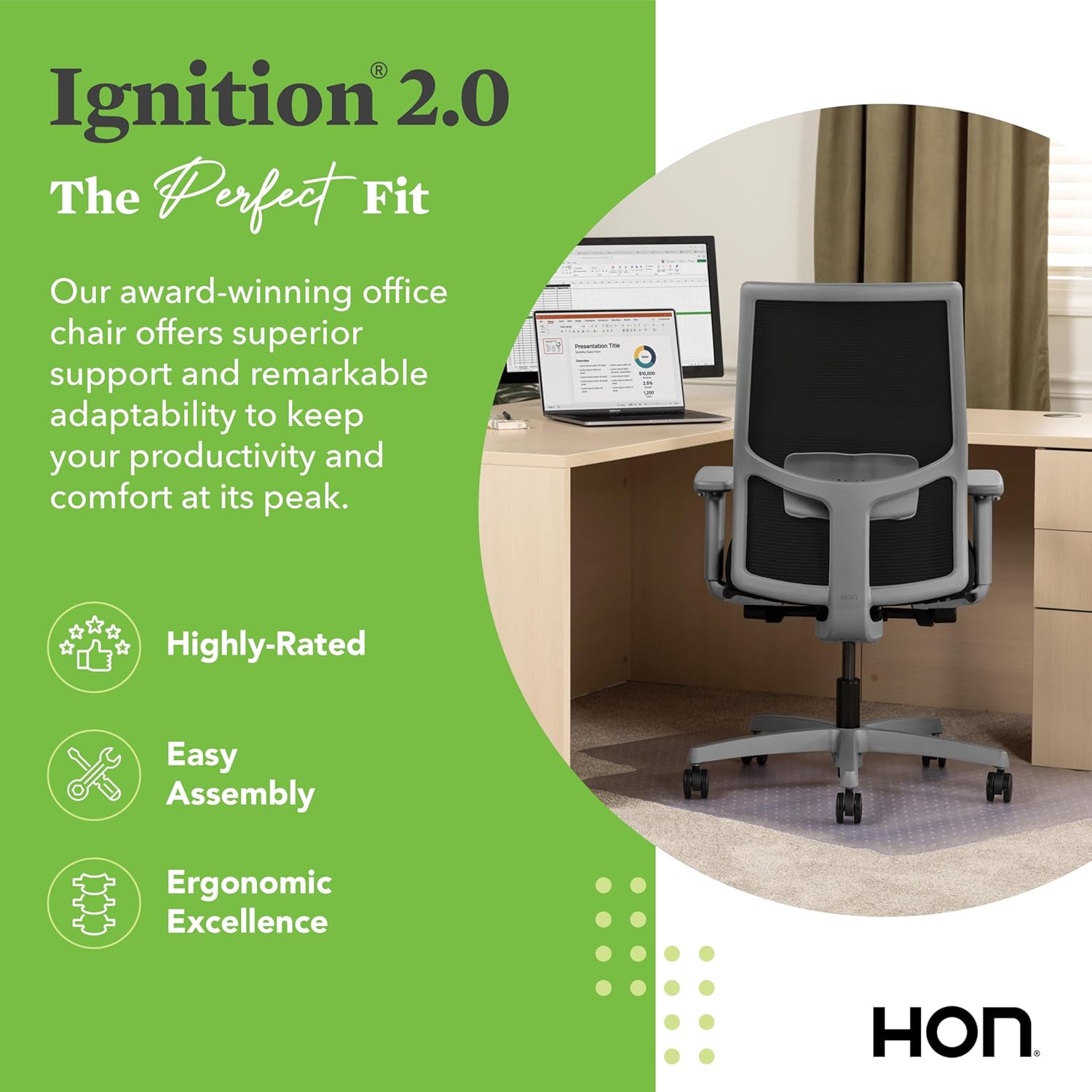 HON Ignition 2.0 Mid Back Task Chair, Spectrum Mesh, Advanced Synchro-Tilt Control, Office Chair with Lumbar Support, Height and Width Adjustable Arms, Titanium Frame, Onyx