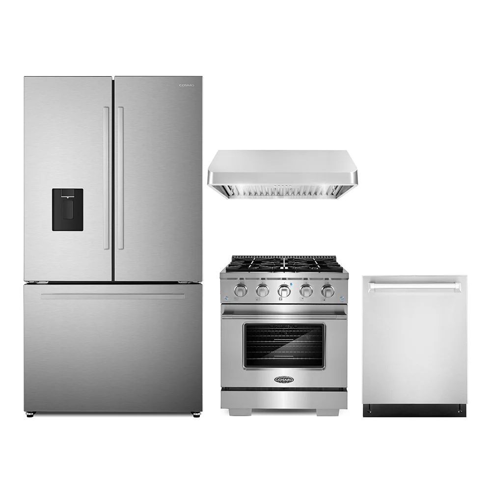 Cosmo 4-Piece Appliance Package - 30-Inch Gas Range, Under Cabinet Range Hood, Dishwasher and Refrigerator with Water Dispenser in Stainless Steel (COS-4PKG-653)