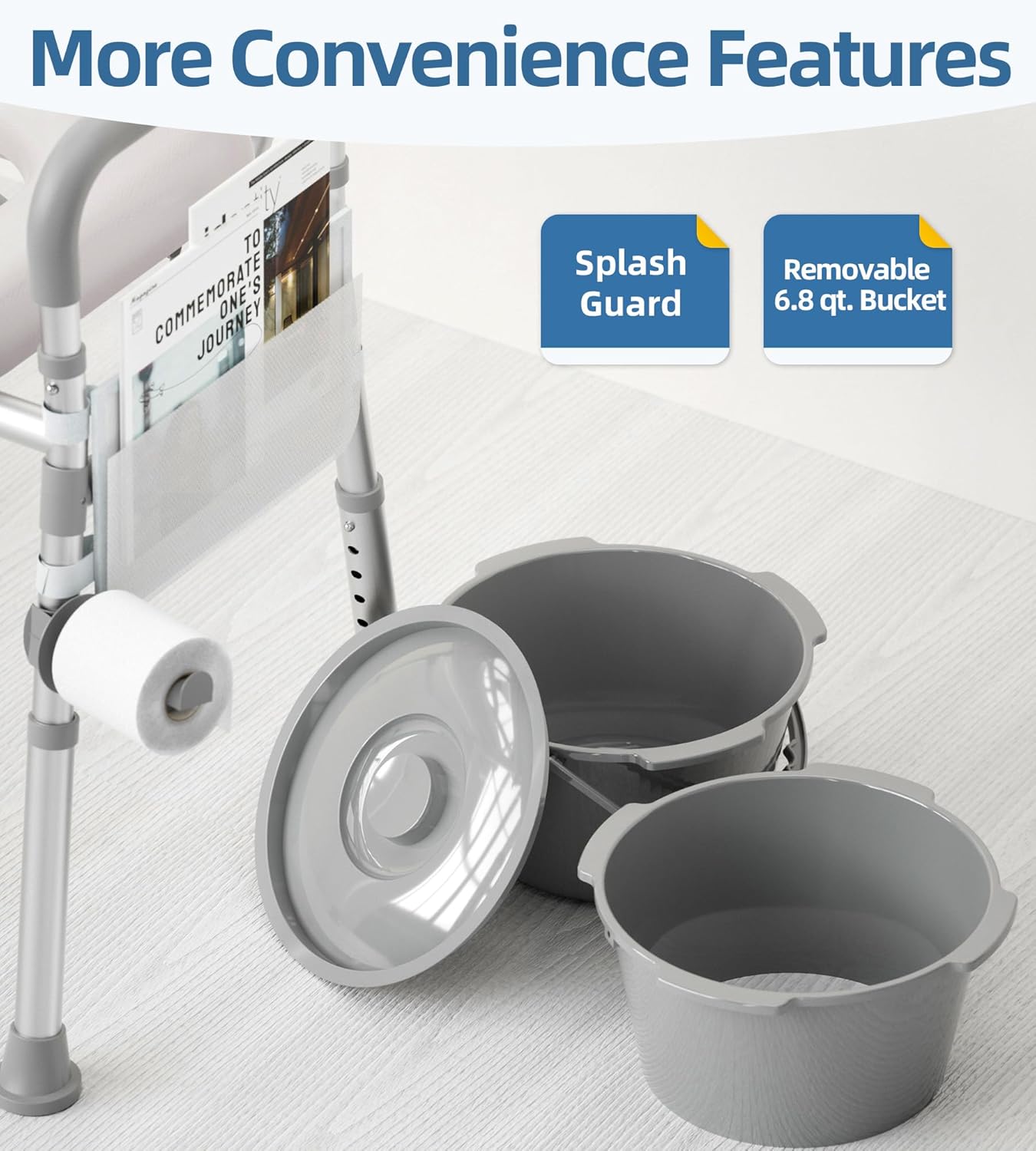 HOMLAND Bedside Commode with Padded Seat and Backrest, Aluminum Commode Toilet with Bucket, Easy Cleaning Portable Toilet for Adults and Seniors, 350 lb Capacity Enhanced Crossbar