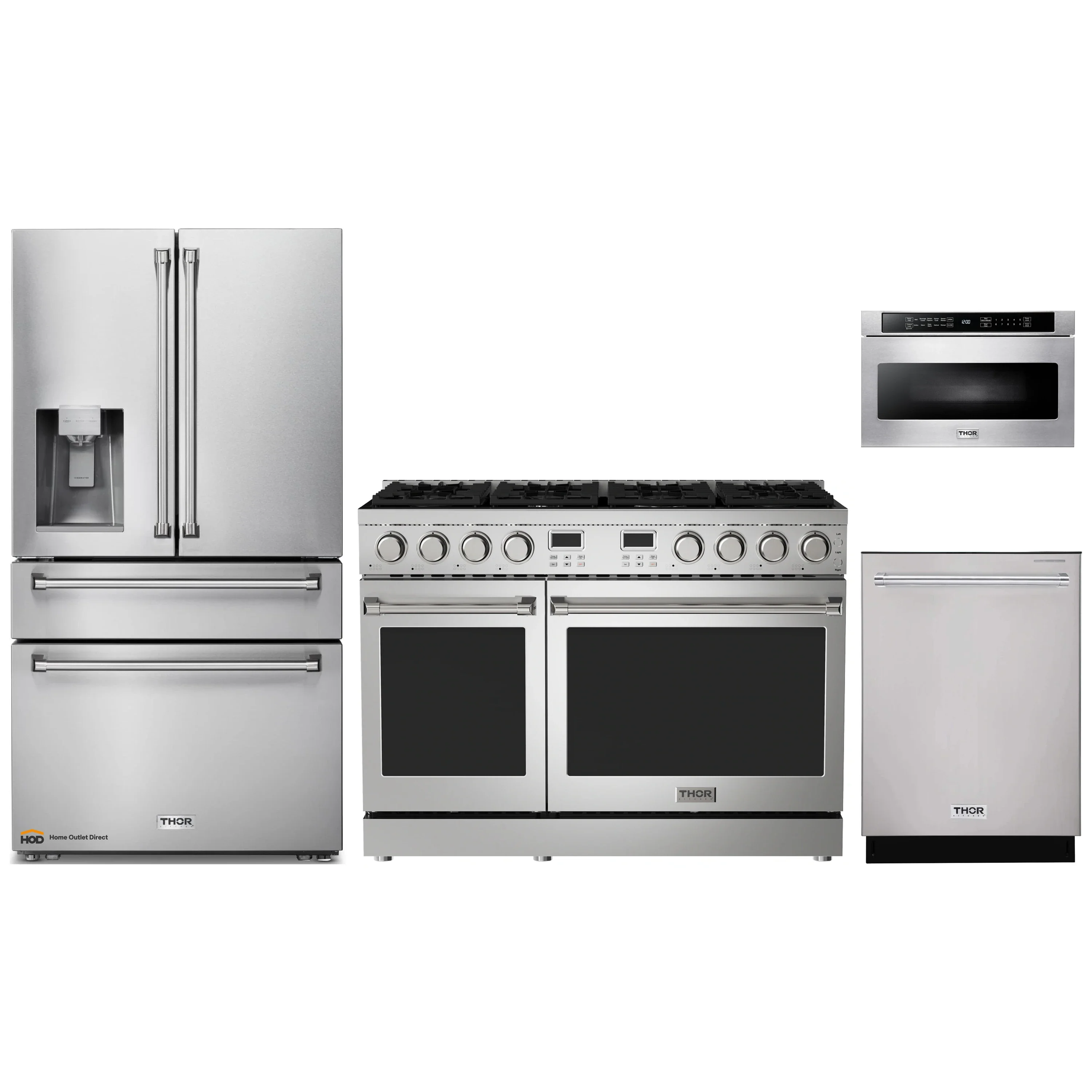 Thor Kitchen A-Series 4-Piece Appliance Package - 48-Inch Gas Range, Refrigerator with Water Dispenser, Dishwasher, and Microwave in Stainless Steel